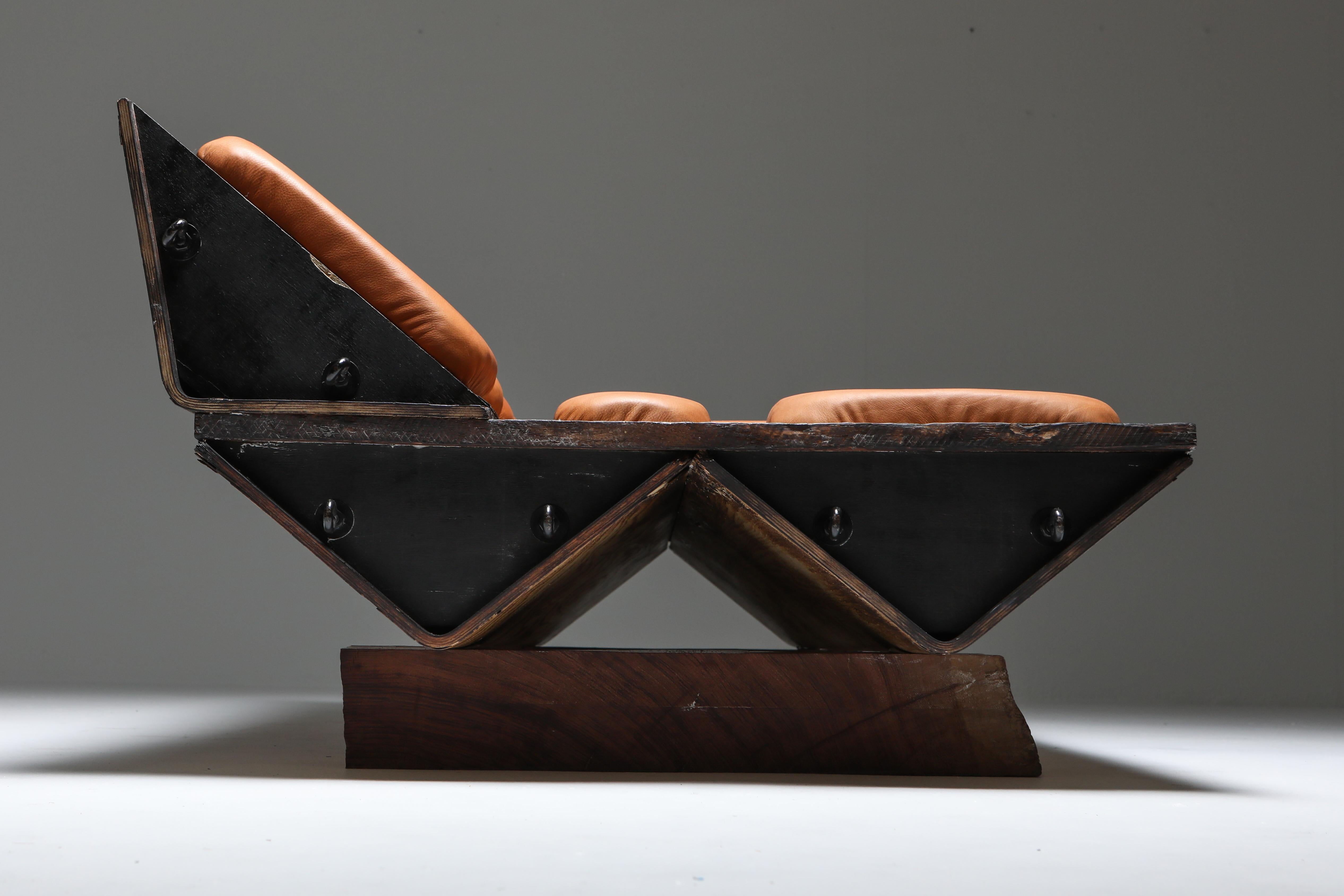 Banc d'assemblage « I Studebaker » avec éléments en bois et en cuir, Lionel Jadot en vente 3