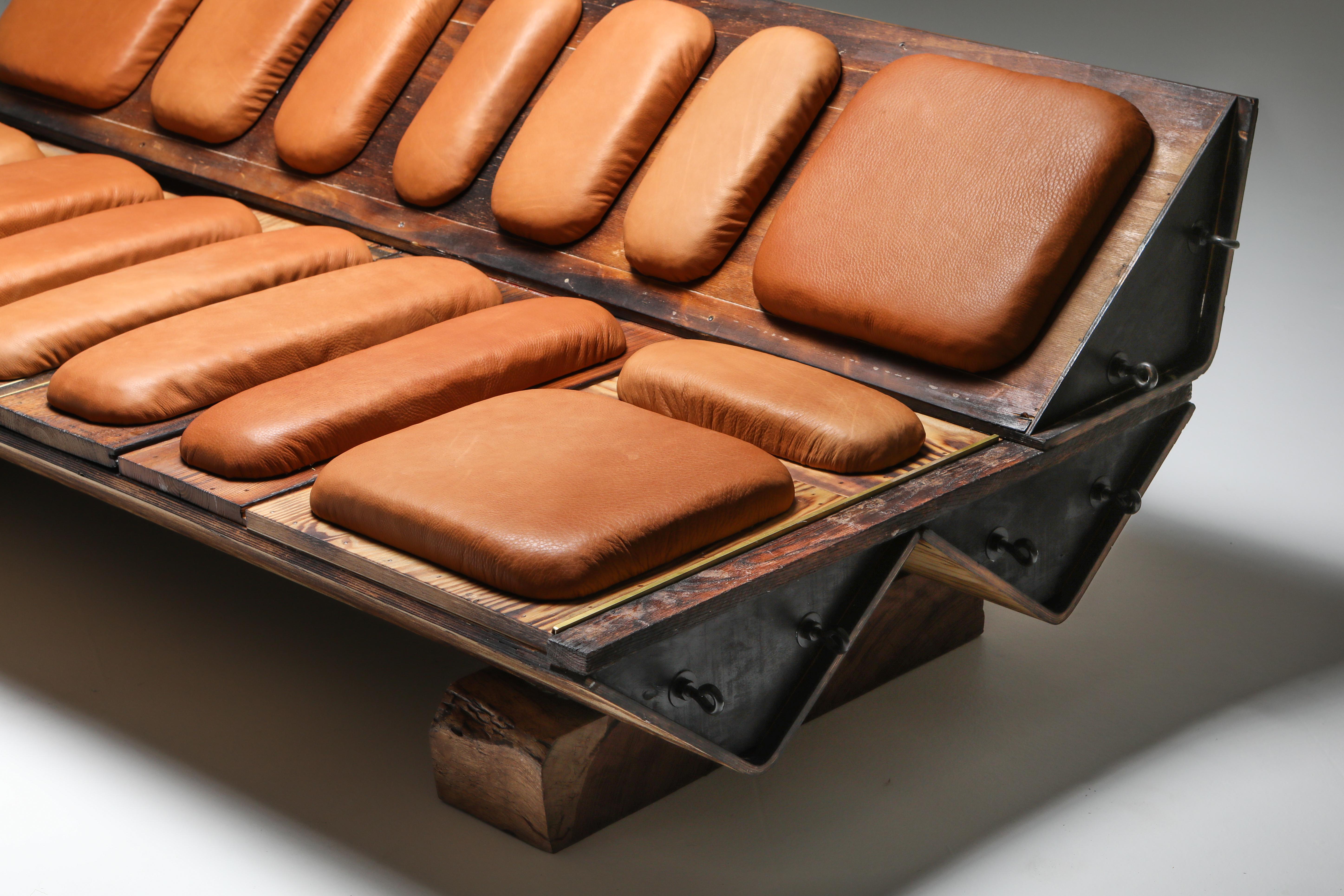 Banc d'assemblage « I Studebaker » avec éléments en bois et en cuir, Lionel Jadot en vente 4