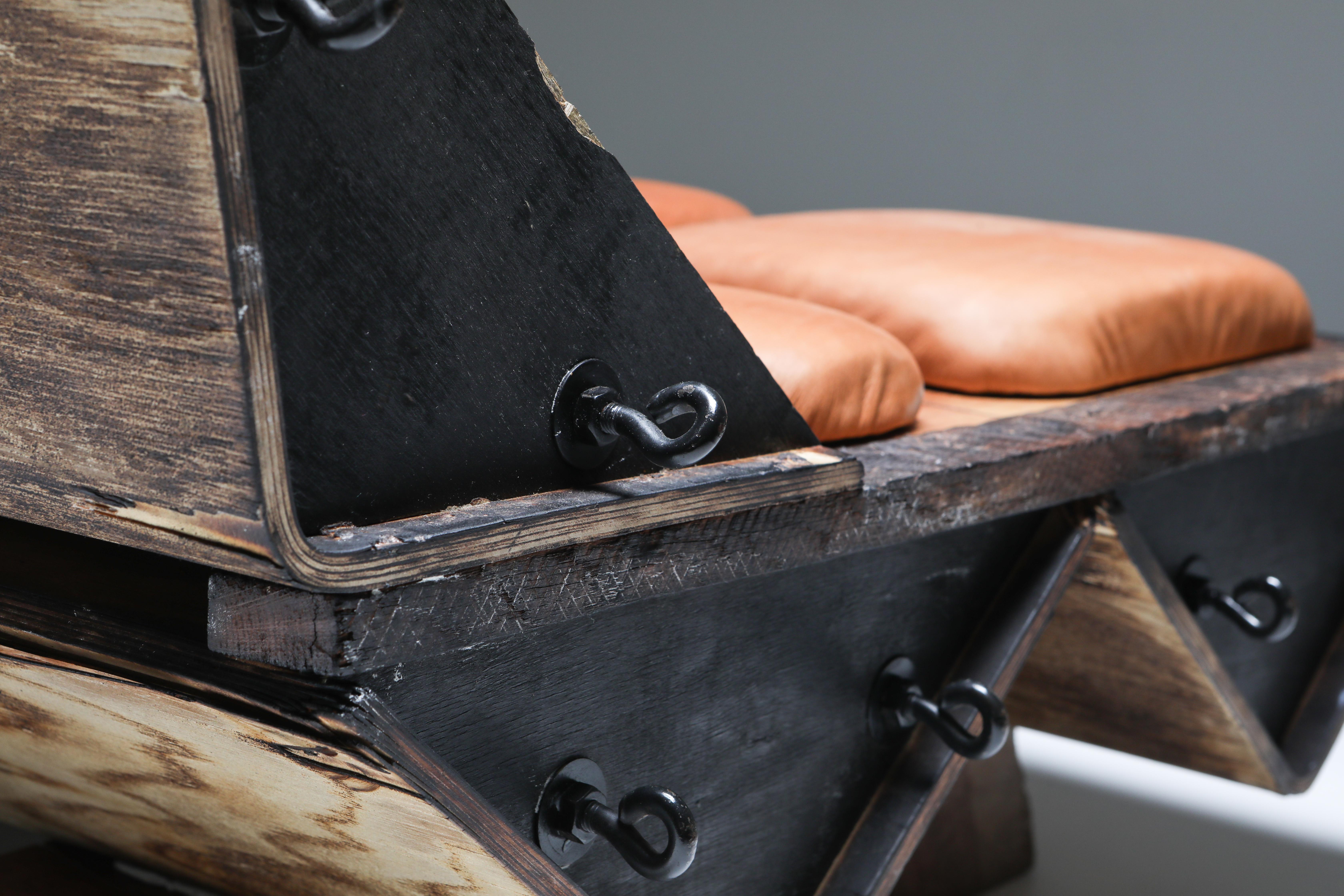 'I Studebaker' Assemblage Bench with Wooden and Leather Elements, Lionel Jadot For Sale 9