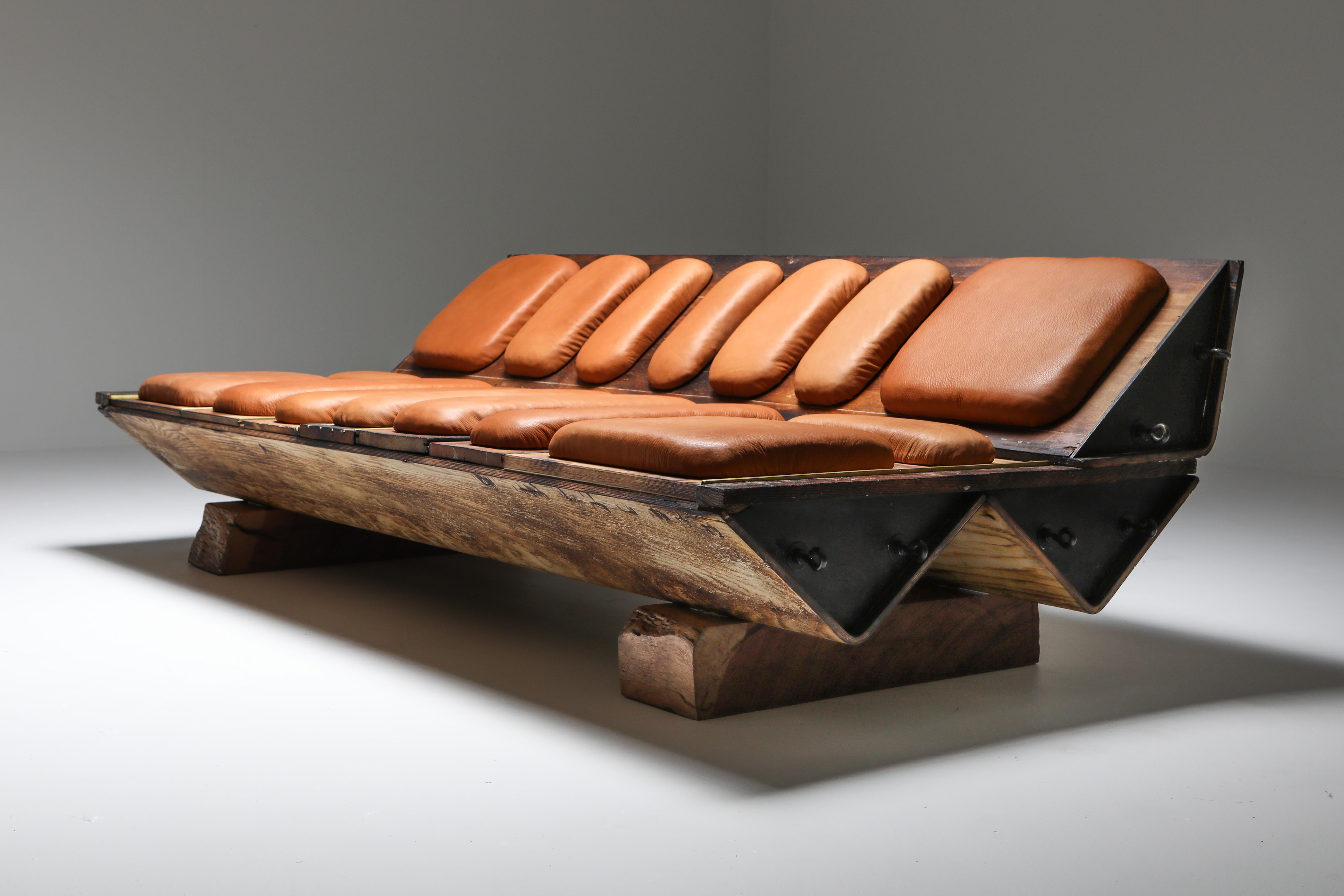 'I Studebaker' Assemblage Bench with Wooden and Leather Elements, Lionel Jadot For Sale 1