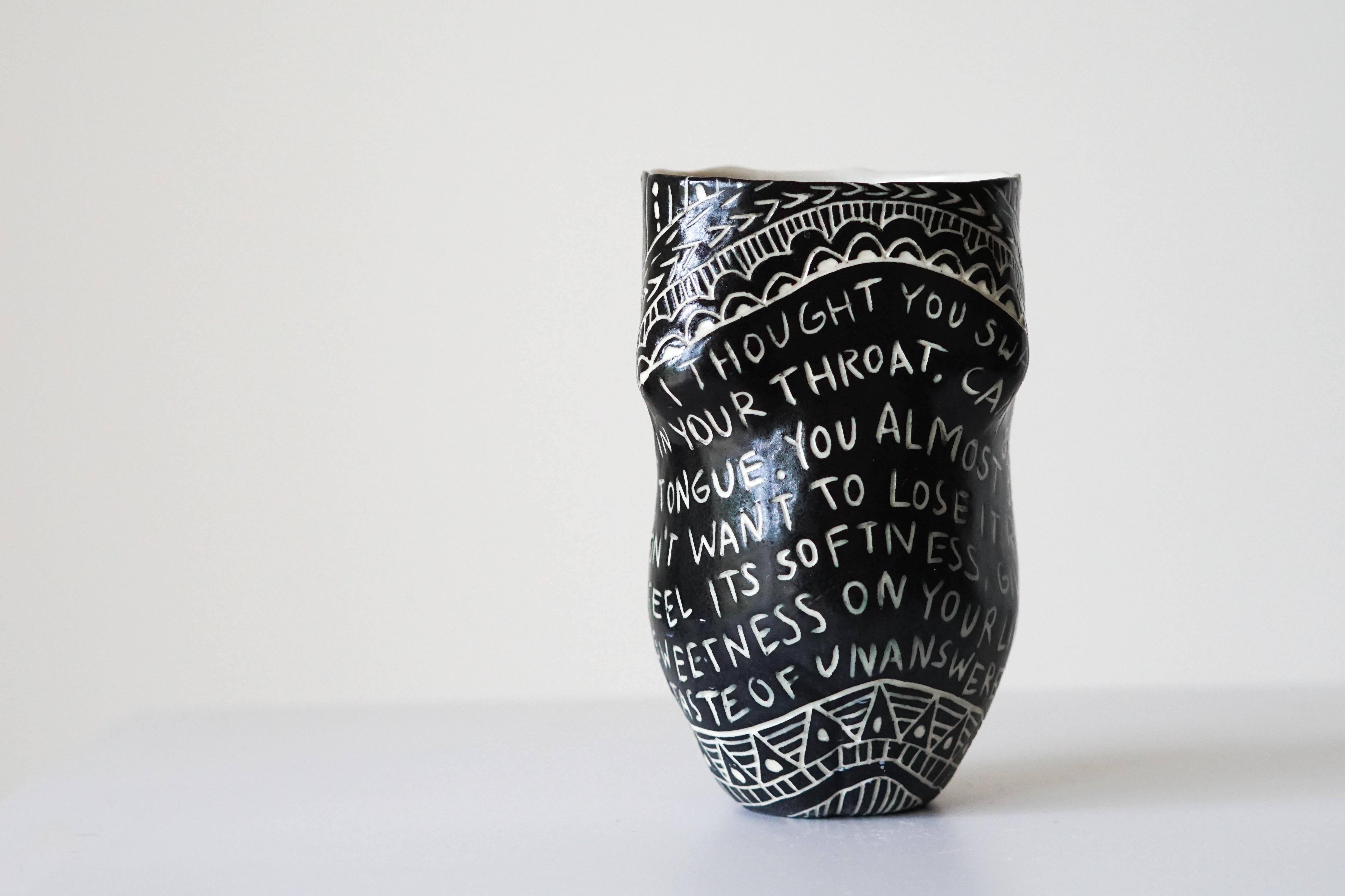 “I thought you swallowed my Love…” Porcelain Cup with Sgraffito Detailing 5