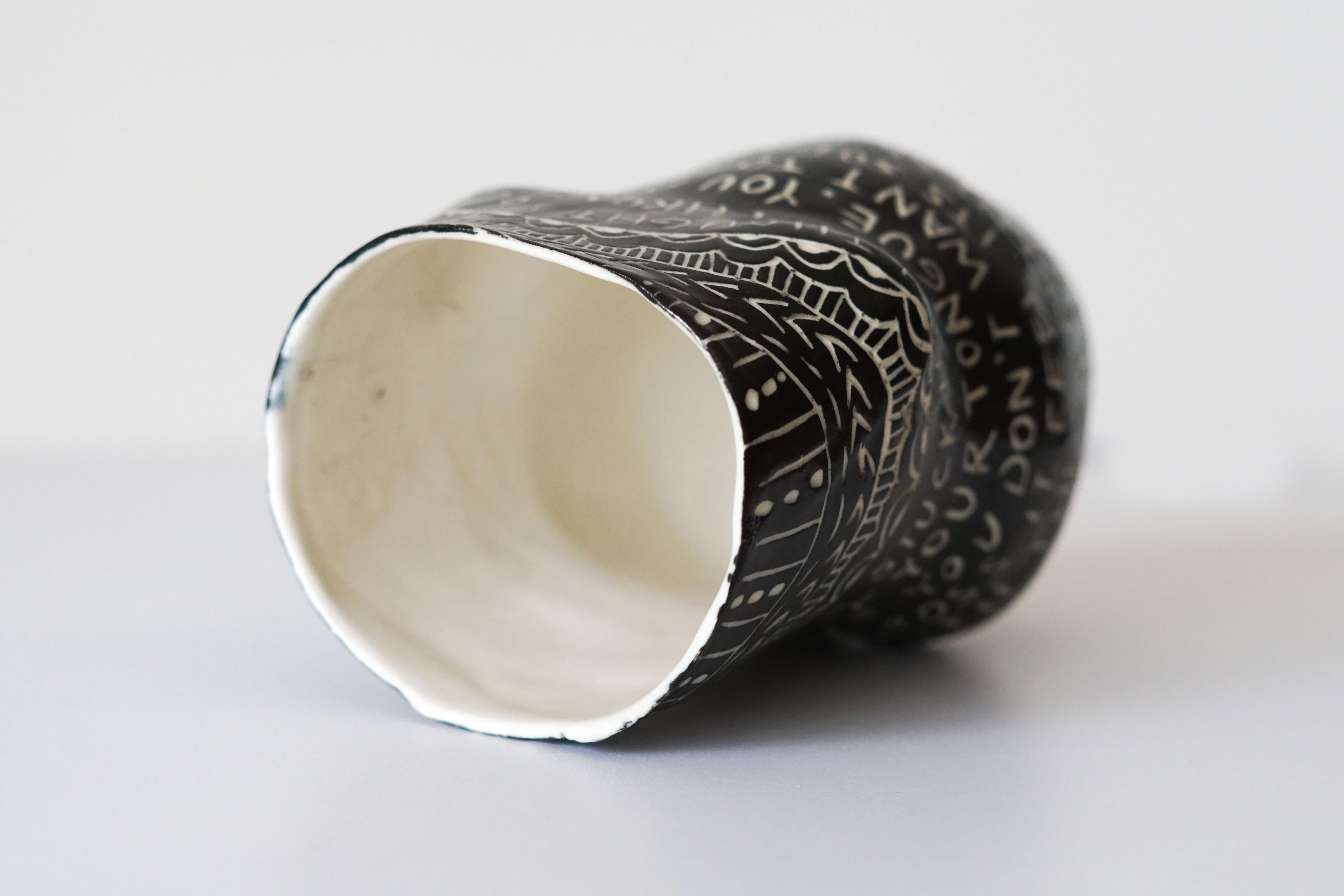 “I thought you swallowed my Love…” Porcelain Cup with Sgraffito Detailing 6