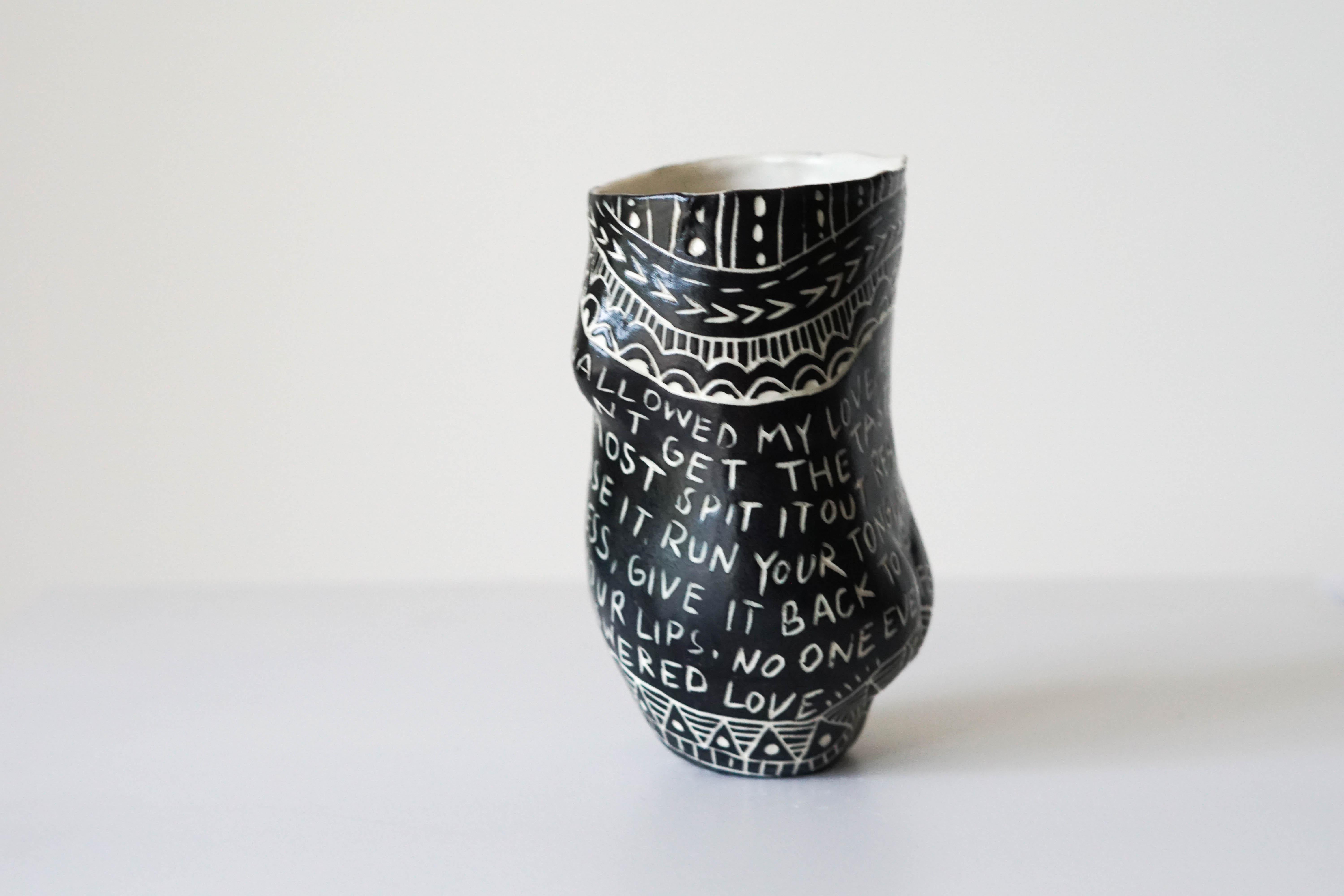 Other “I thought you swallowed my Love…” Porcelain Cup with Sgraffito Detailing