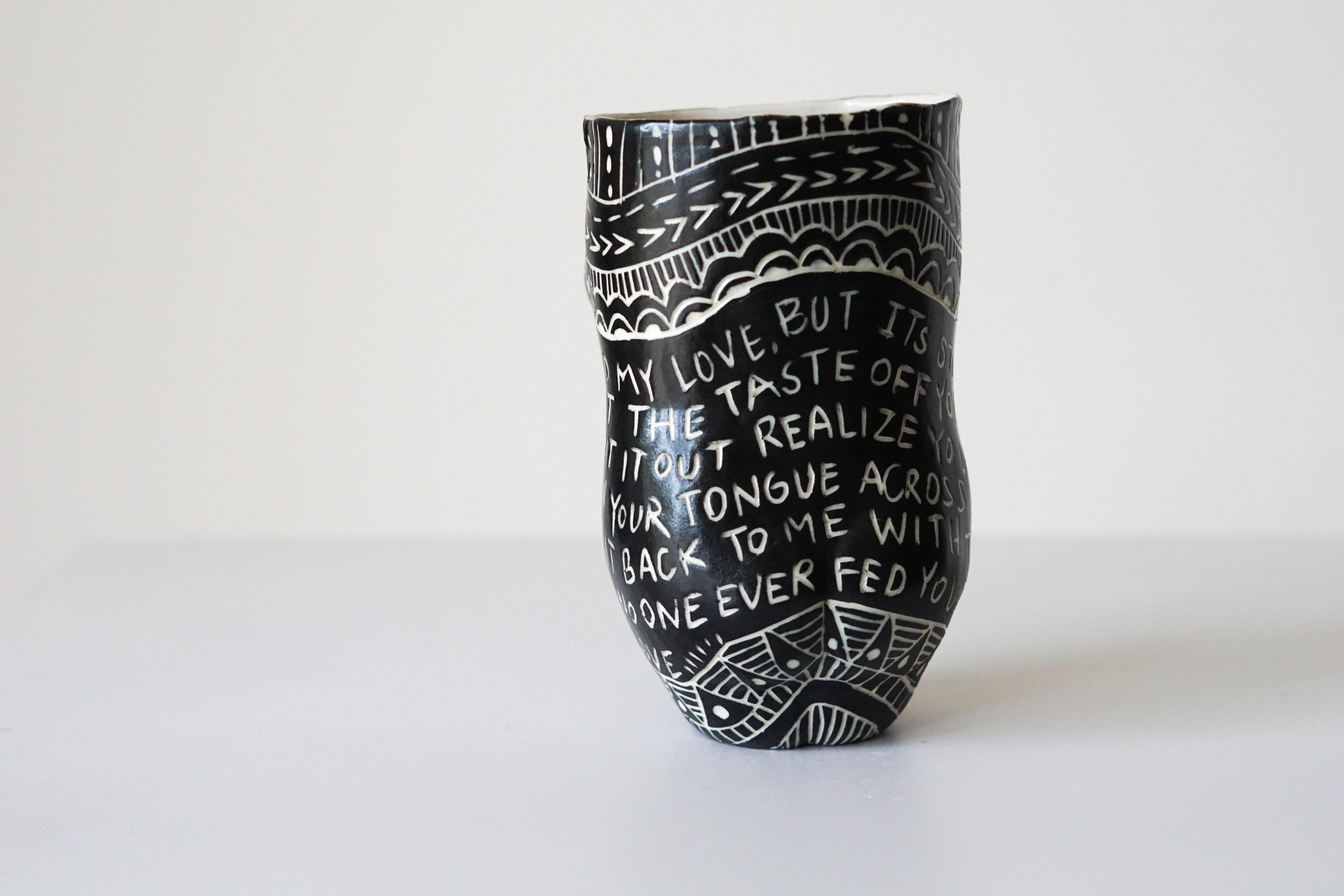 American “I thought you swallowed my Love…” Porcelain Cup with Sgraffito Detailing