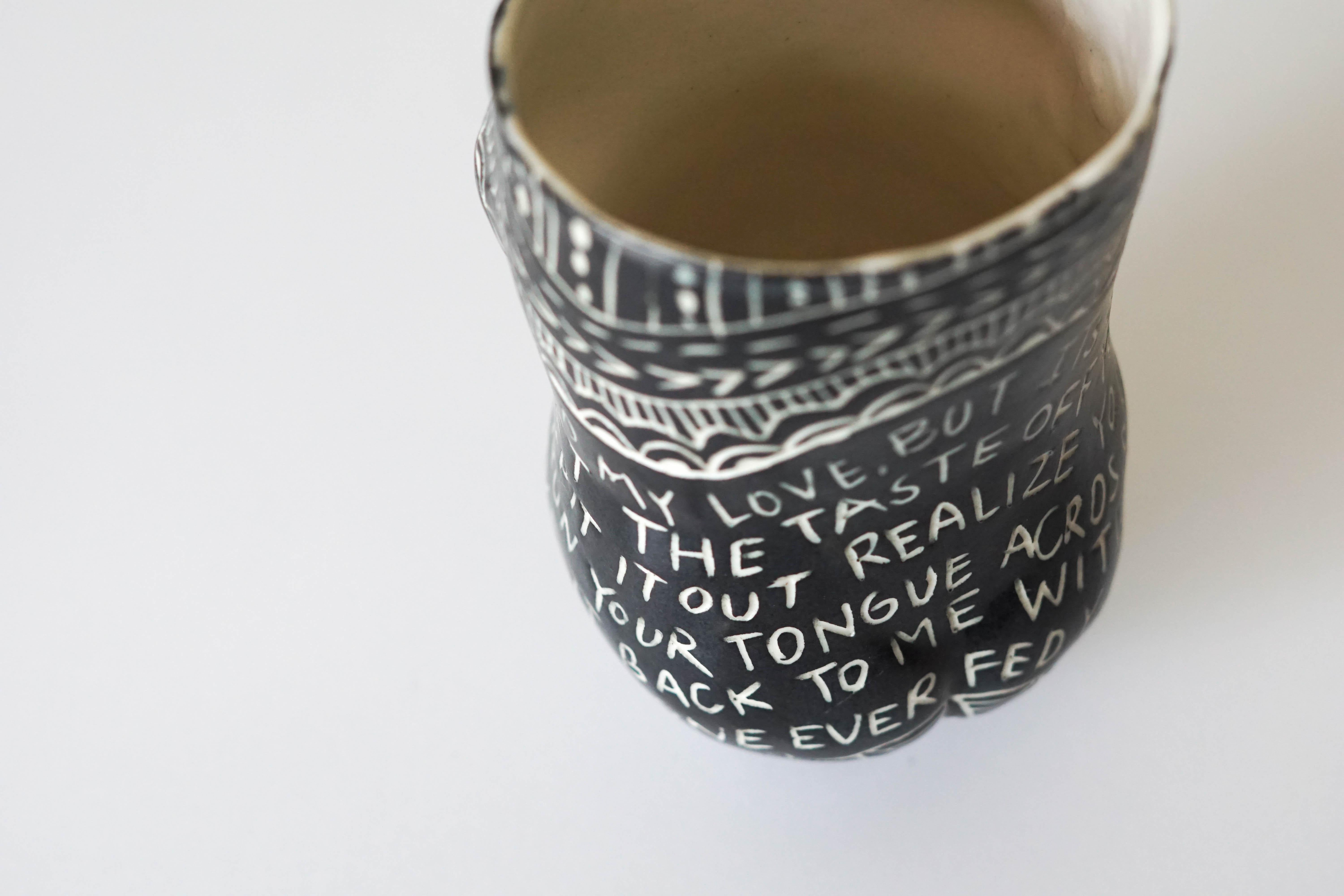 Hand-Carved “I thought you swallowed my Love…” Porcelain Cup with Sgraffito Detailing