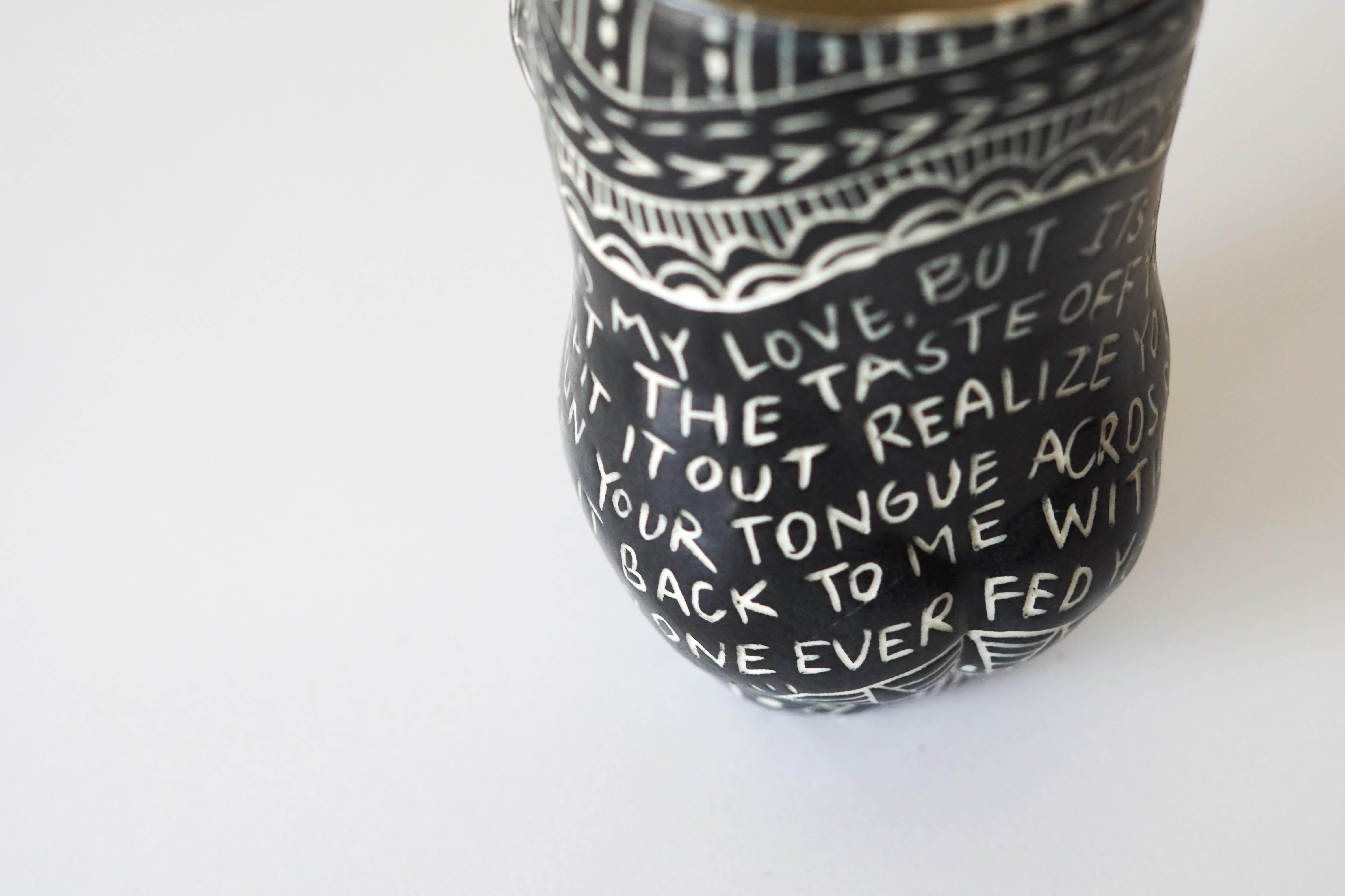 “I thought you swallowed my Love…” Porcelain Cup with Sgraffito Detailing In Excellent Condition In Miami Beach, FL