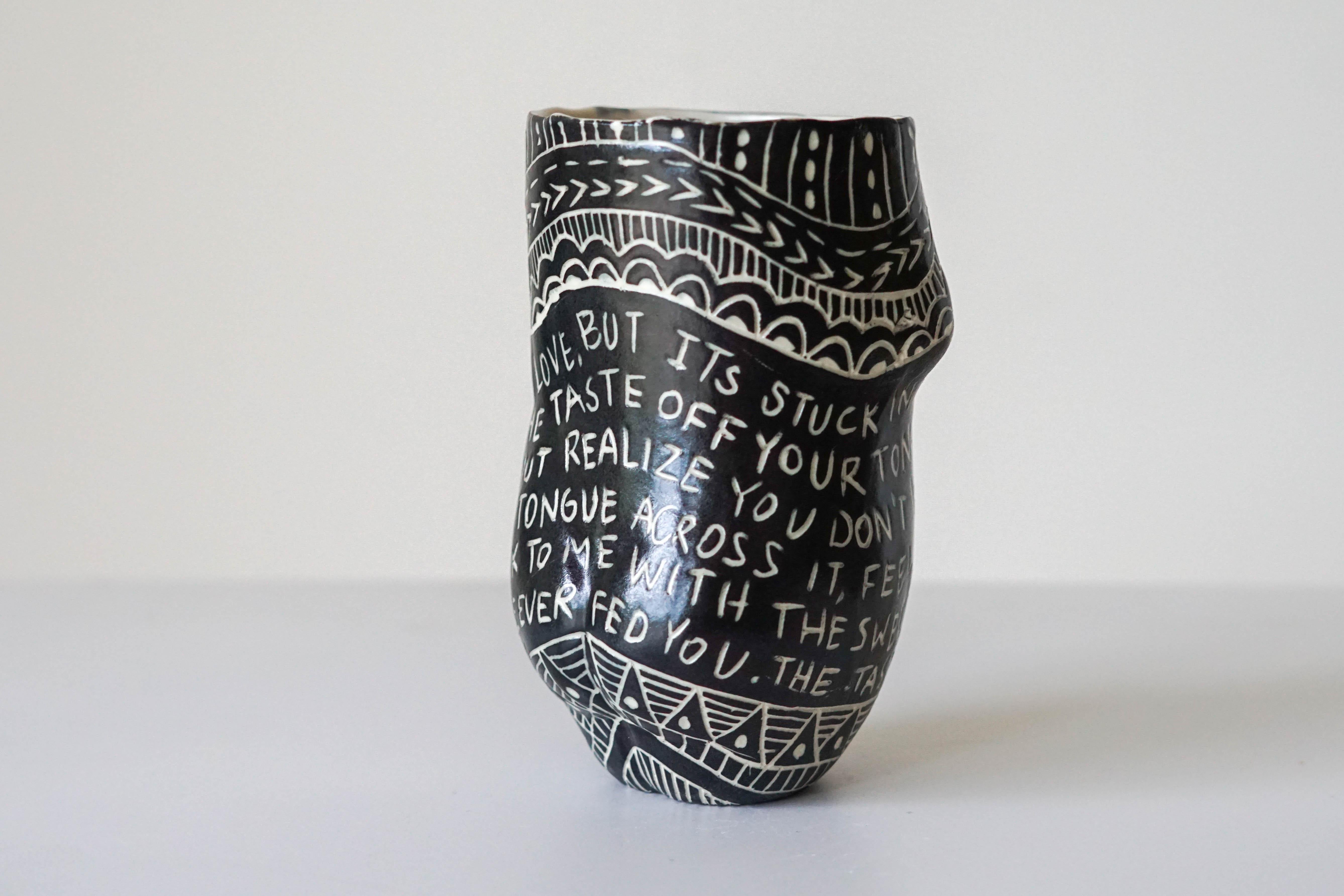 “I thought you swallowed my Love…” Porcelain Cup with Sgraffito Detailing 1