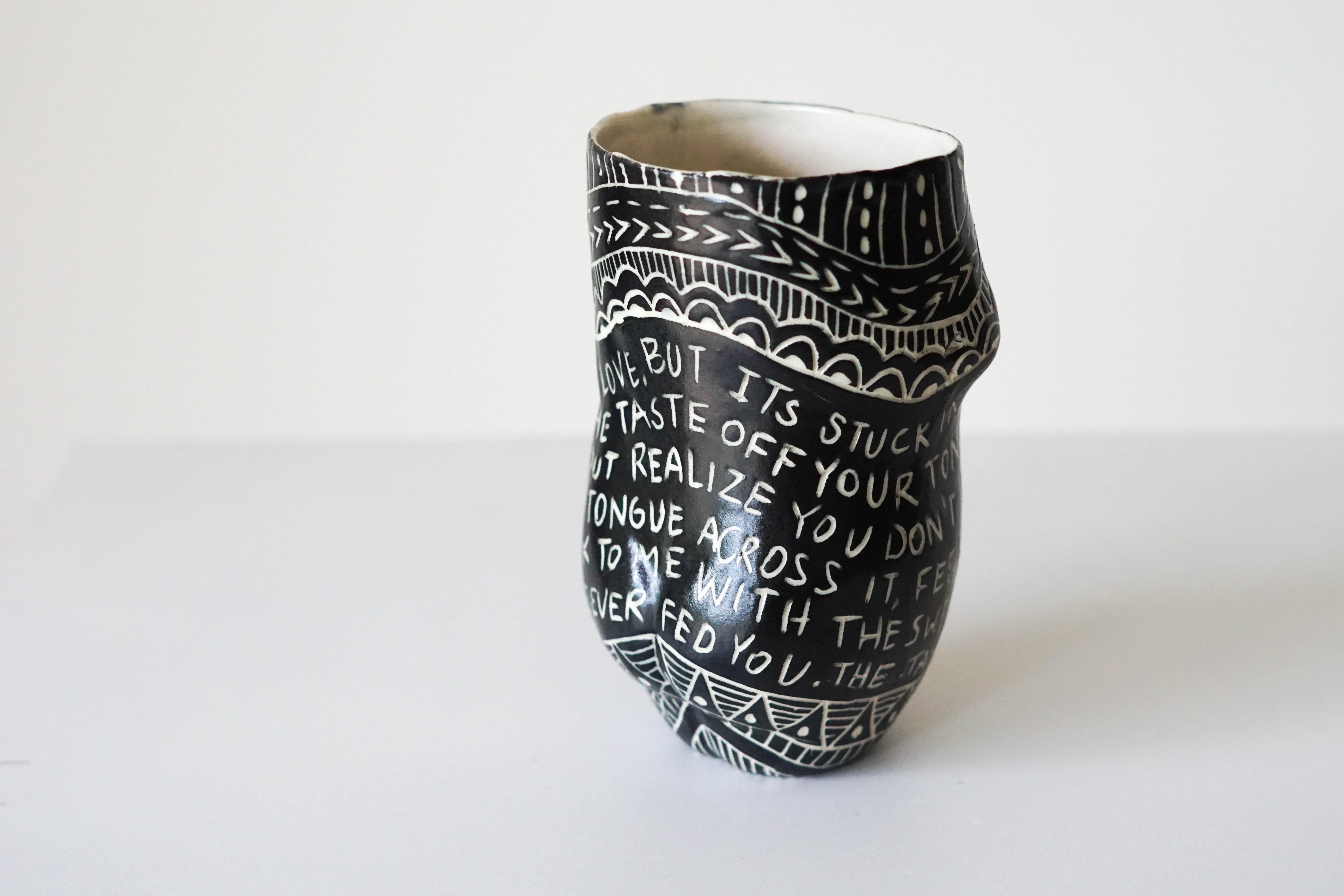 “I thought you swallowed my Love…” Porcelain Cup with Sgraffito Detailing 2
