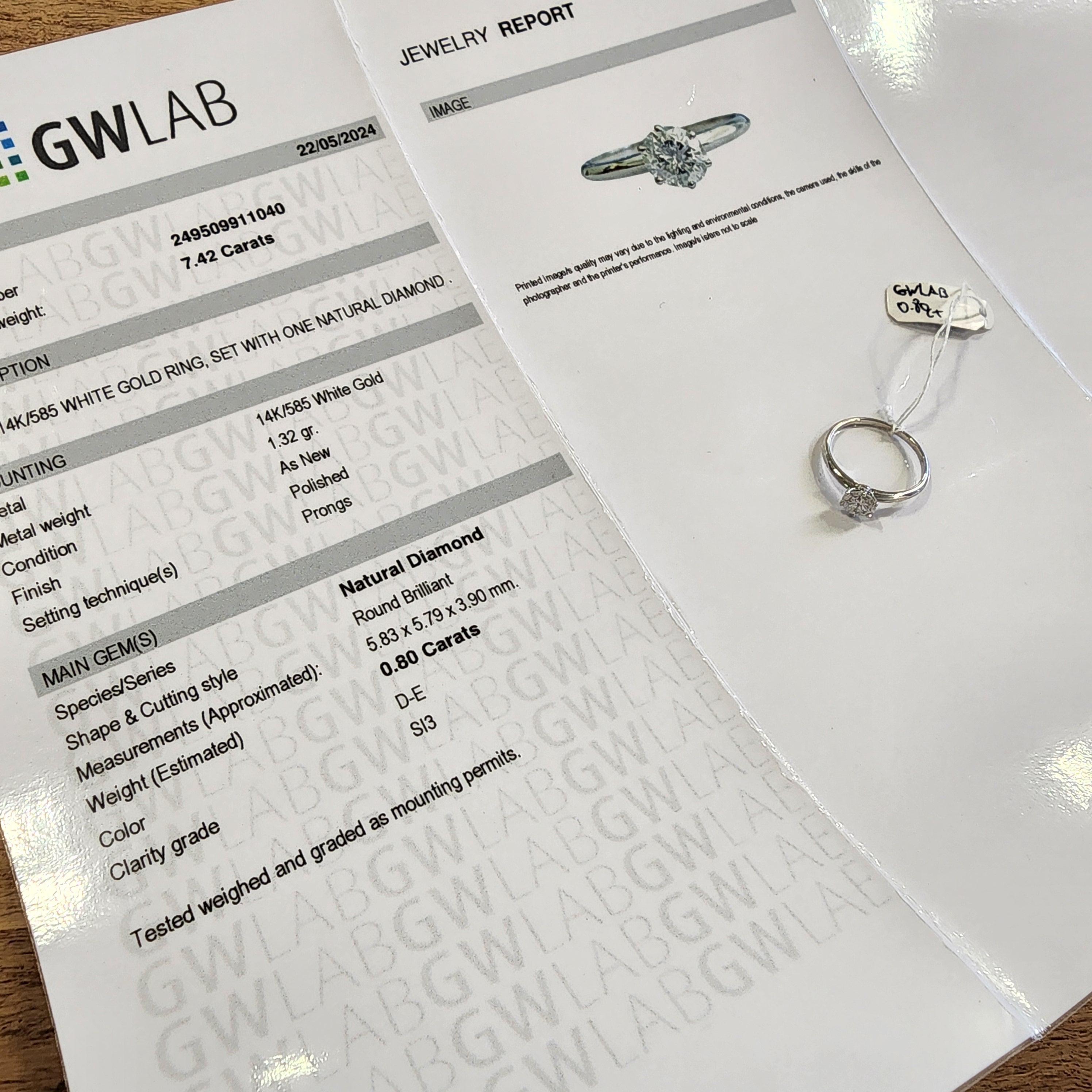Élégante bague solitaire en or blanc 14 carats avec diamant naturel de 0,80 carat en vente 8