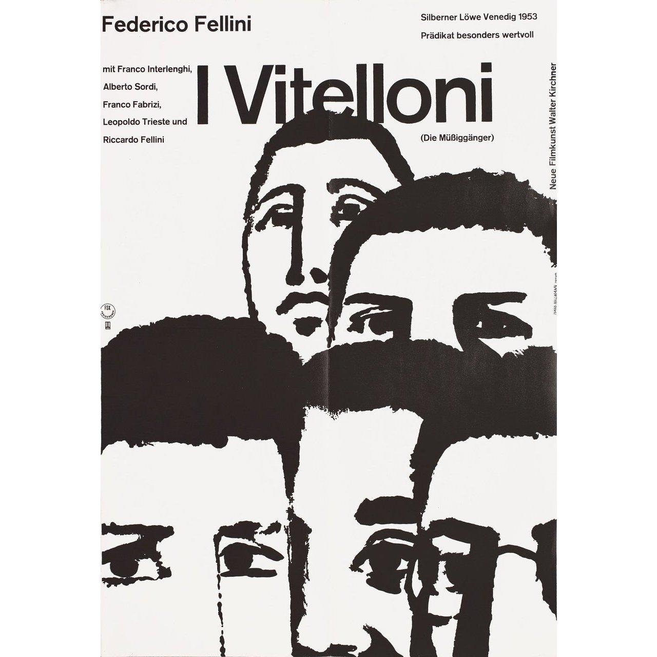 Original 1962 German A2 poster by Hans Hillmann for the 1953 film I Vitelloni (The Young and the Passionate) directed by Federico Fellini with Franco Interlenghi / Alberto Sordi / Franco Fabrizi / Leopoldo Trieste. Fine condition, folded. Many