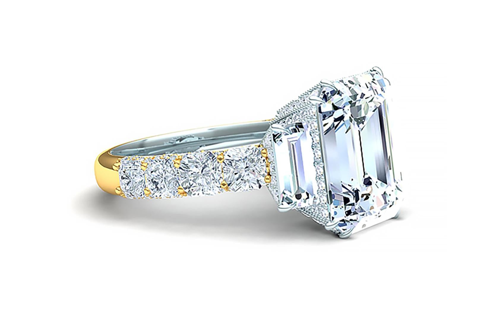 This modern twist on a classic engagement ring design gives the one wearing it a bespoke look that is surely know to be custom when seen.  The center diamond is emerald cut and has a color and clarity of I-VS2 and is GIA certified.  The center stone