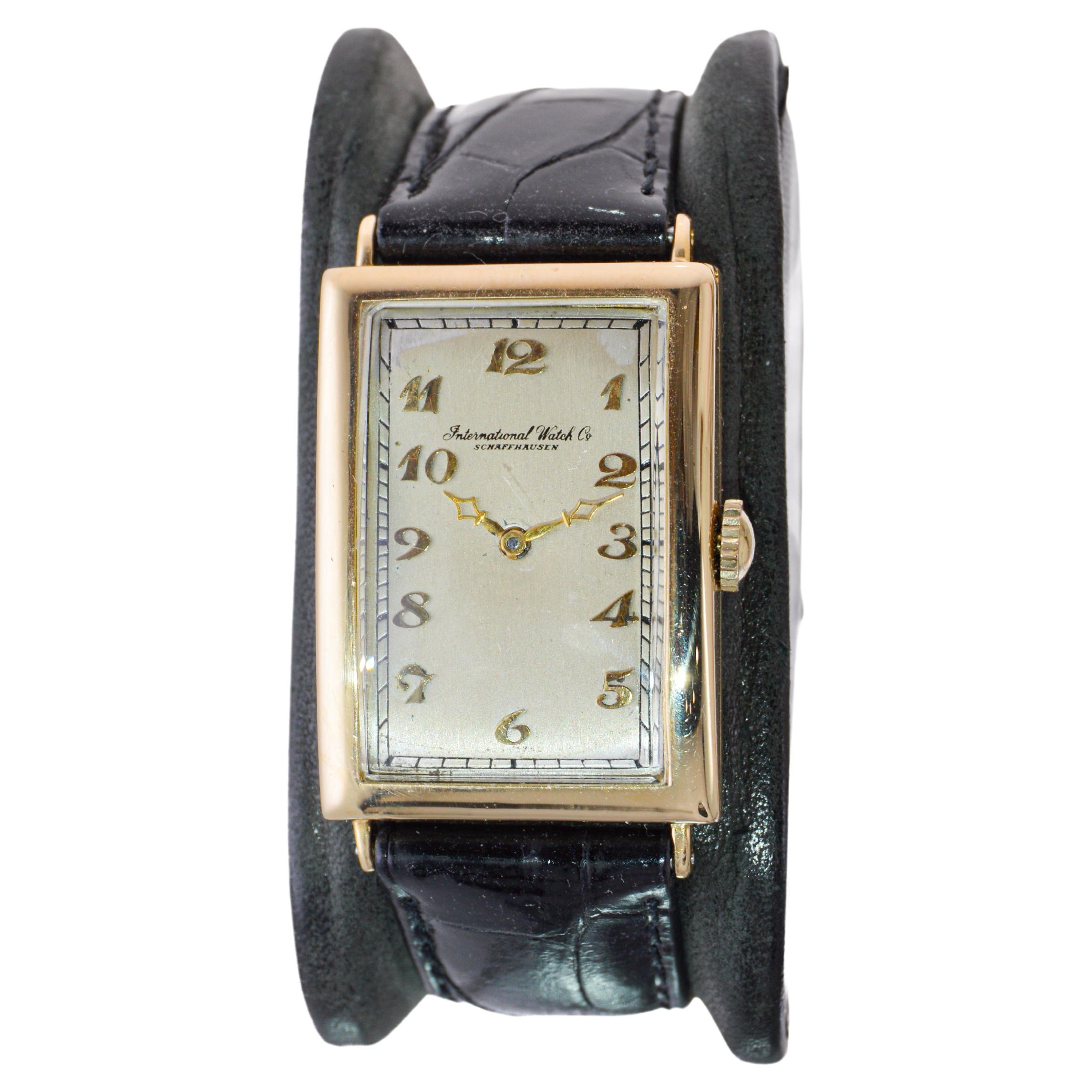 FACTORY / HOUSE:  I.W.C. / International  Watch Company
STYLE / REFERENCE: Tank Style / Art Deco
METAL / MATERIAL: 18Kt Yellow Gold 
DIMENSIONS: Length 41mm X Width 25mm
CIRCA: 1930s
MOVEMENT / CALIBER: Manual Winding / 19 Jewels / High Grade
DIAL /
