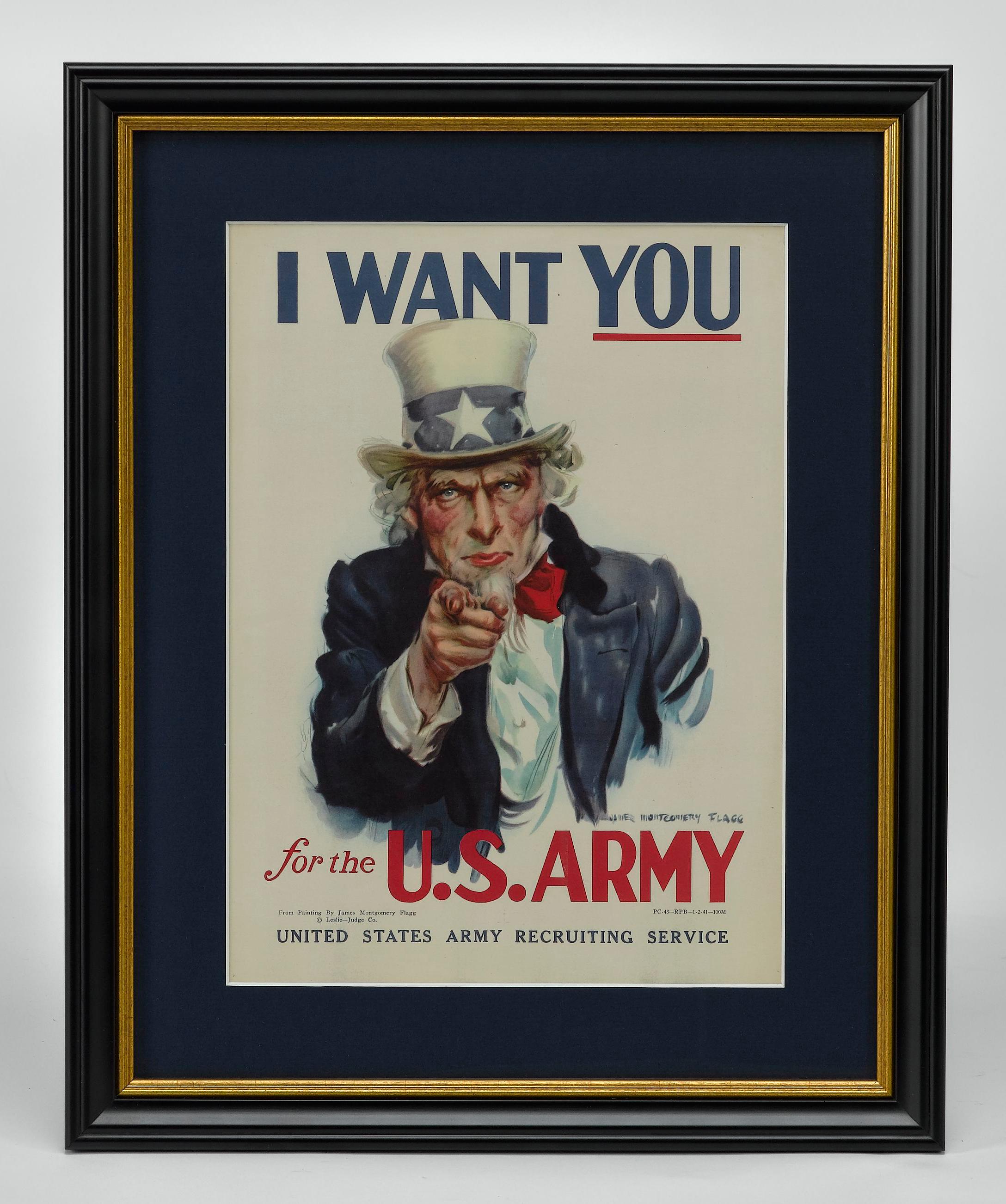 Presented is a vintage U.S. Army WWII recruitment poster by the famous artist James Montgomery Flagg. Published on January 2, 1941 by Leslie-Judge Co., this poster is the World War II adaptation of Flagg's memorable 1917 “I Want You” Uncle Sam