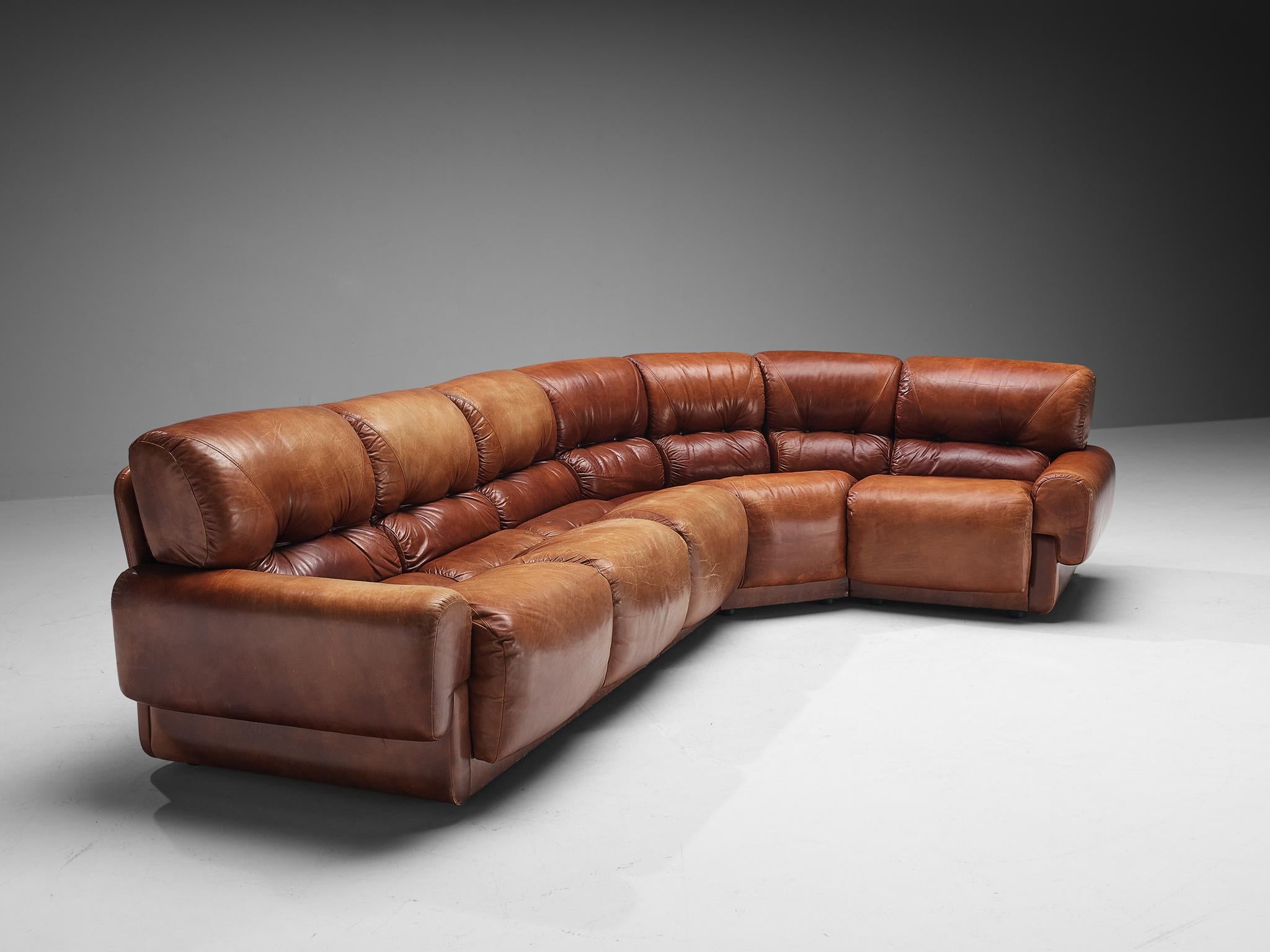 Late 20th Century i4 Mariani Large Sectional Sofa in Patinated Brown Leather For Sale
