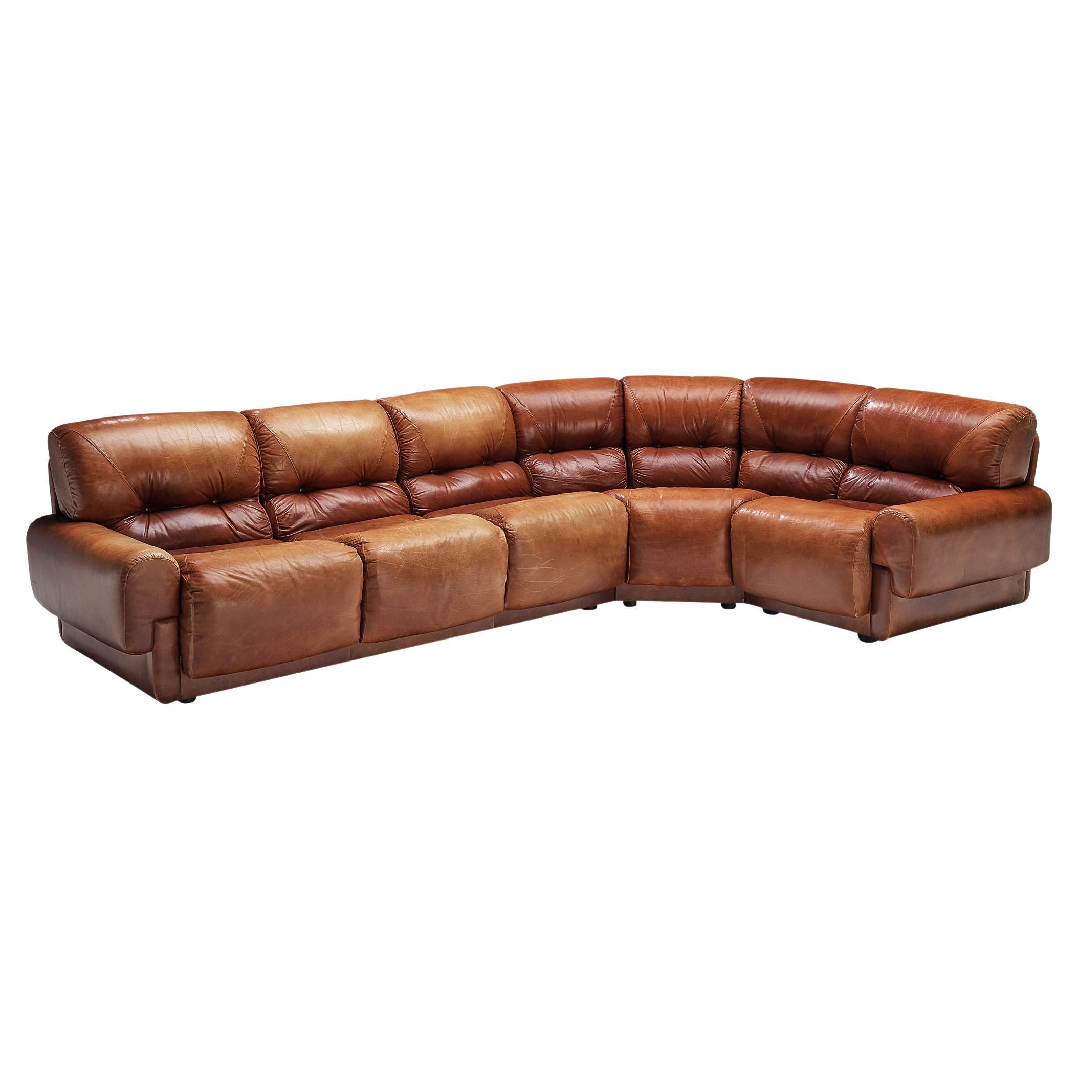 i4 Mariani Large Sectional Sofa in Patinated Brown Leather For Sale