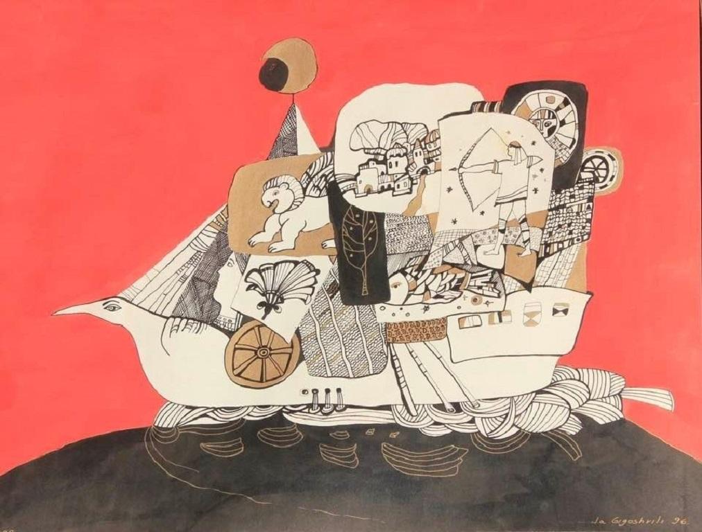 Ia Gigoshvili Figurative Painting - "The Ship “, acrylic on paper, 46x65