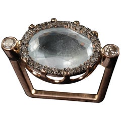 Ia Jewels 14 Carat Aquamarine Diamonds Gold Crown Cocktail Ring