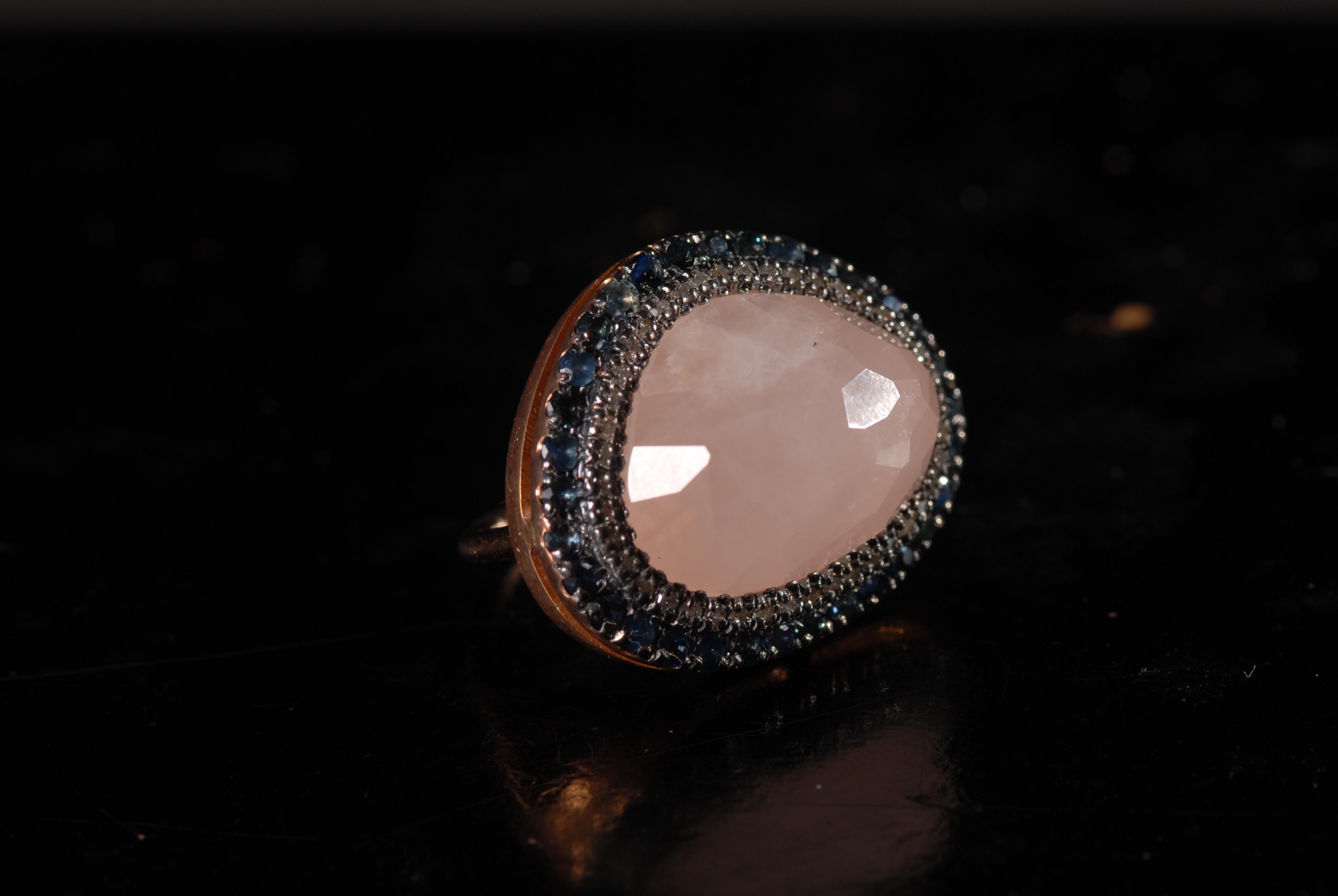 14 Carat rose gold and gold plated silver contemporary Cocktail ring with Rose quartz, blue topazes and diamonds 