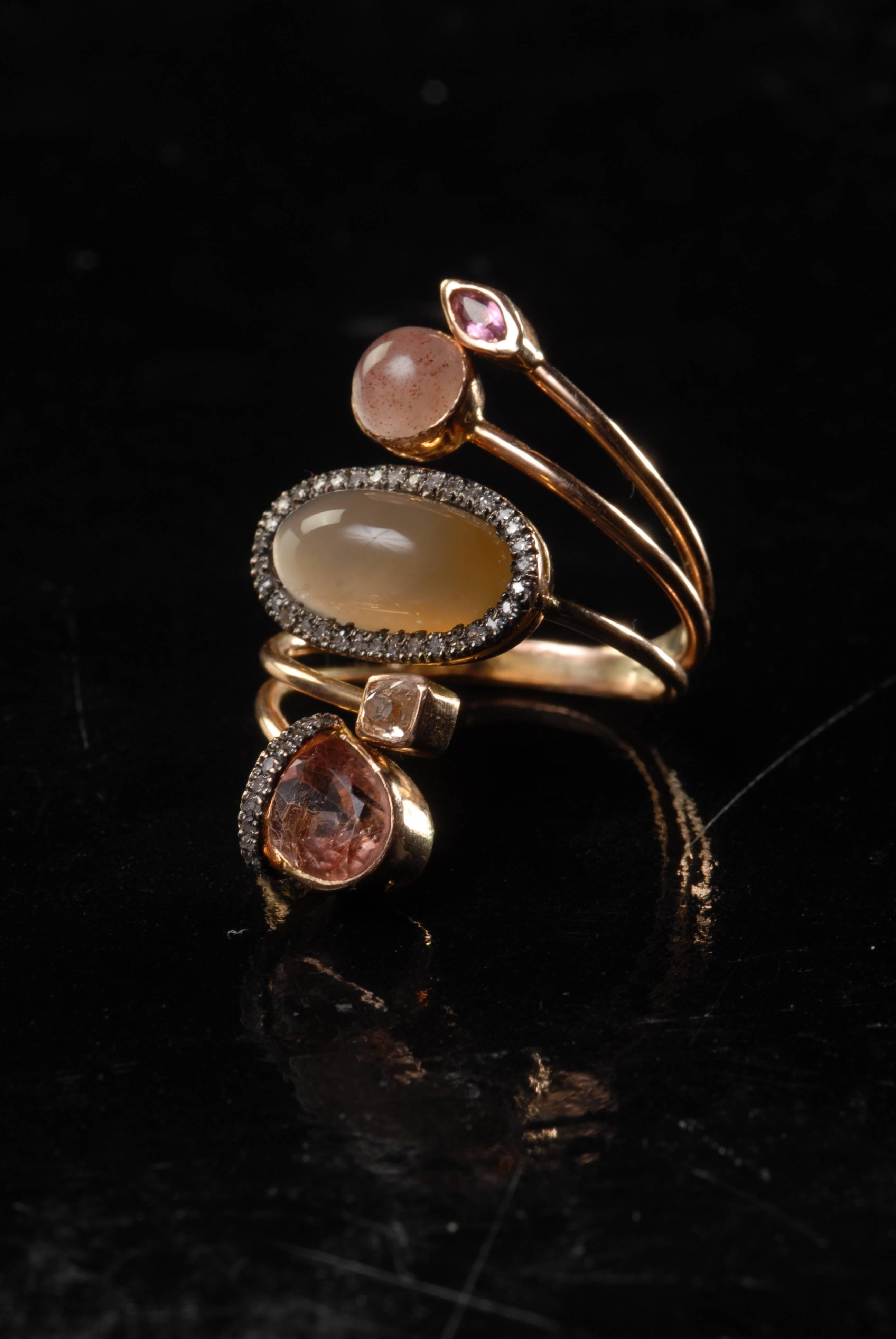 Women's Ia Jewels 14 Carat Rose Gold Chalcedony Sapphire Tourmaline Diamond Ring For Sale