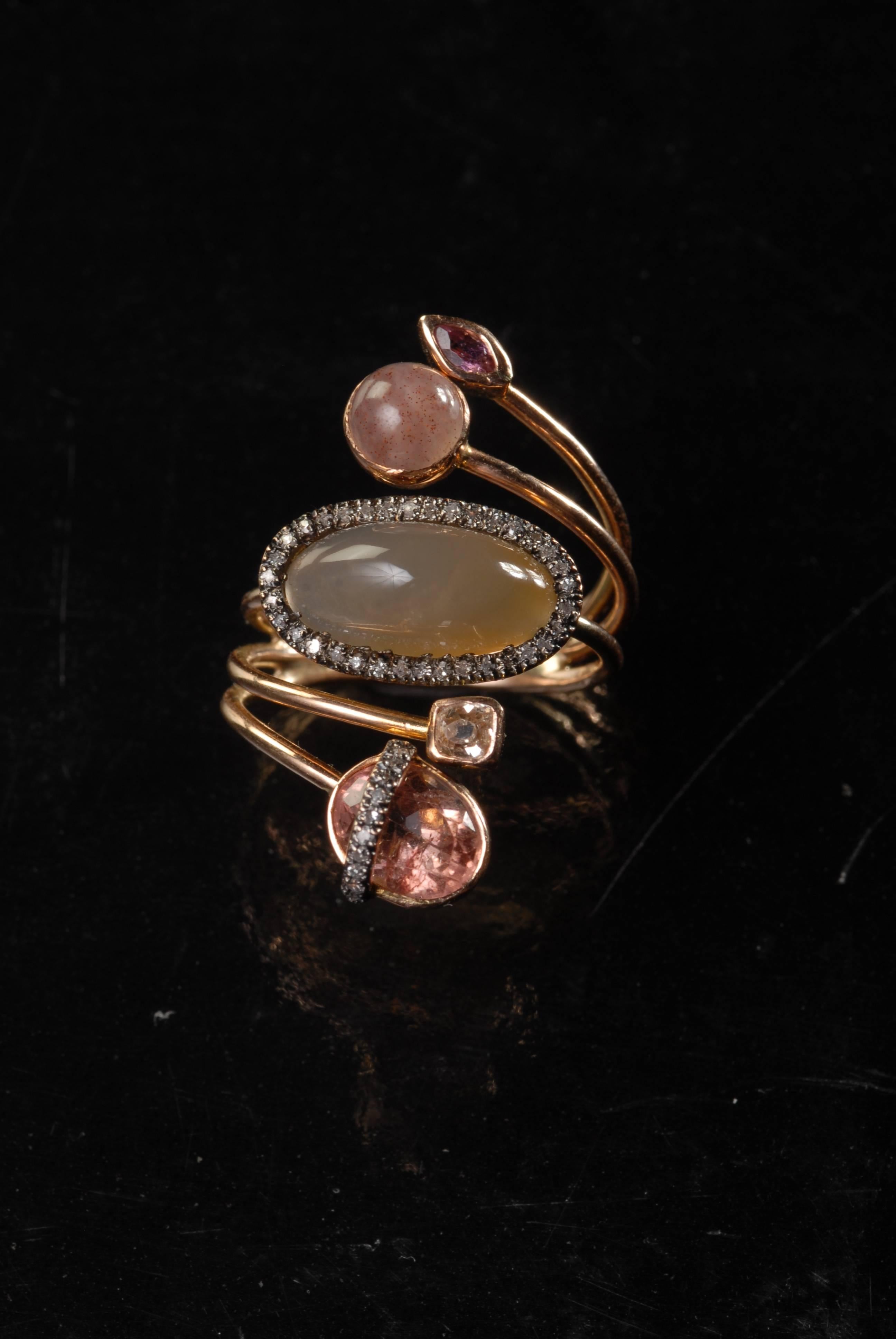 Ia Jewels 14 Carat Rose Gold Chalcedony Sapphire Tourmaline Diamond Ring For Sale 1