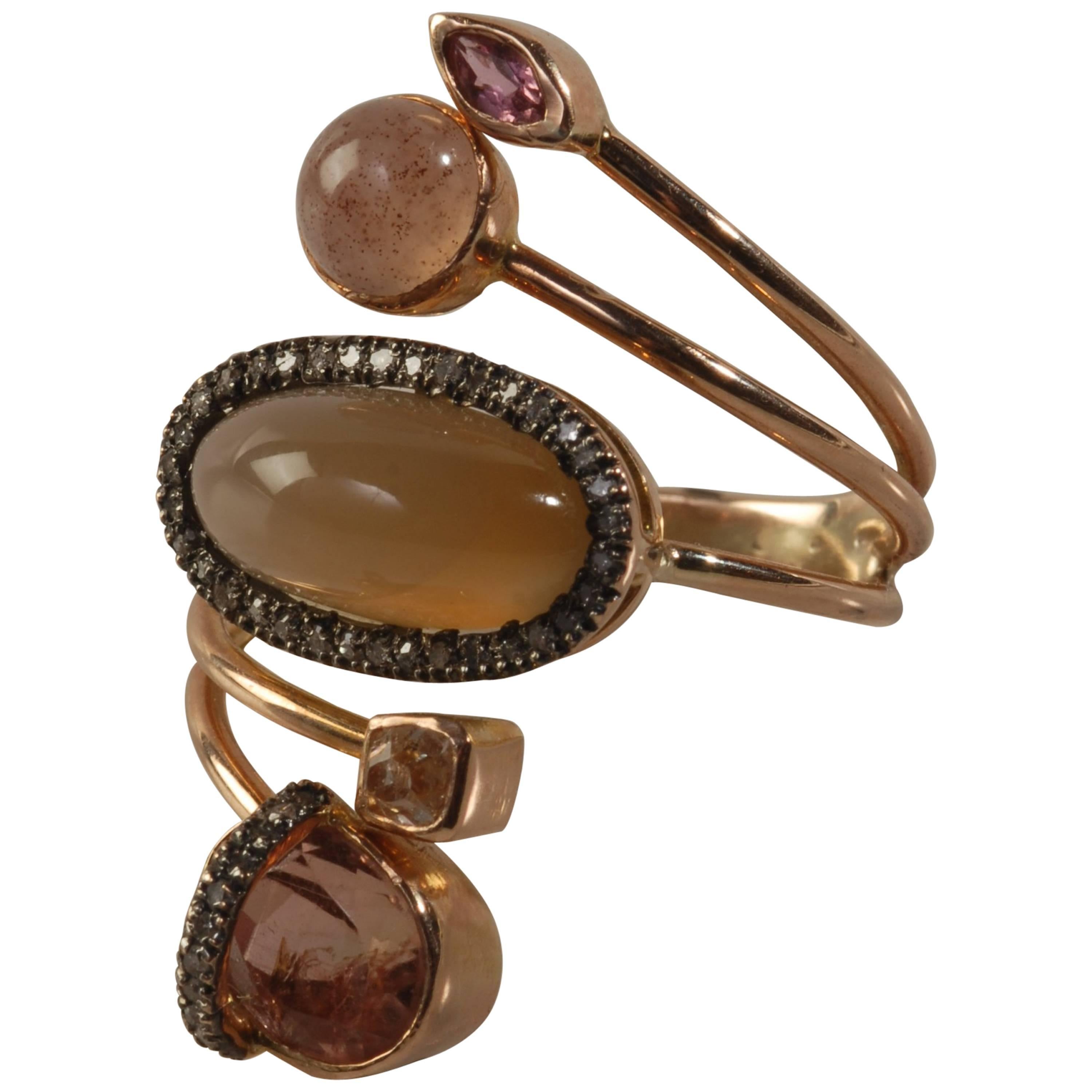Ia Jewels 14 Carat Rose Gold Chalcedony Sapphire Tourmaline Diamond Ring For Sale