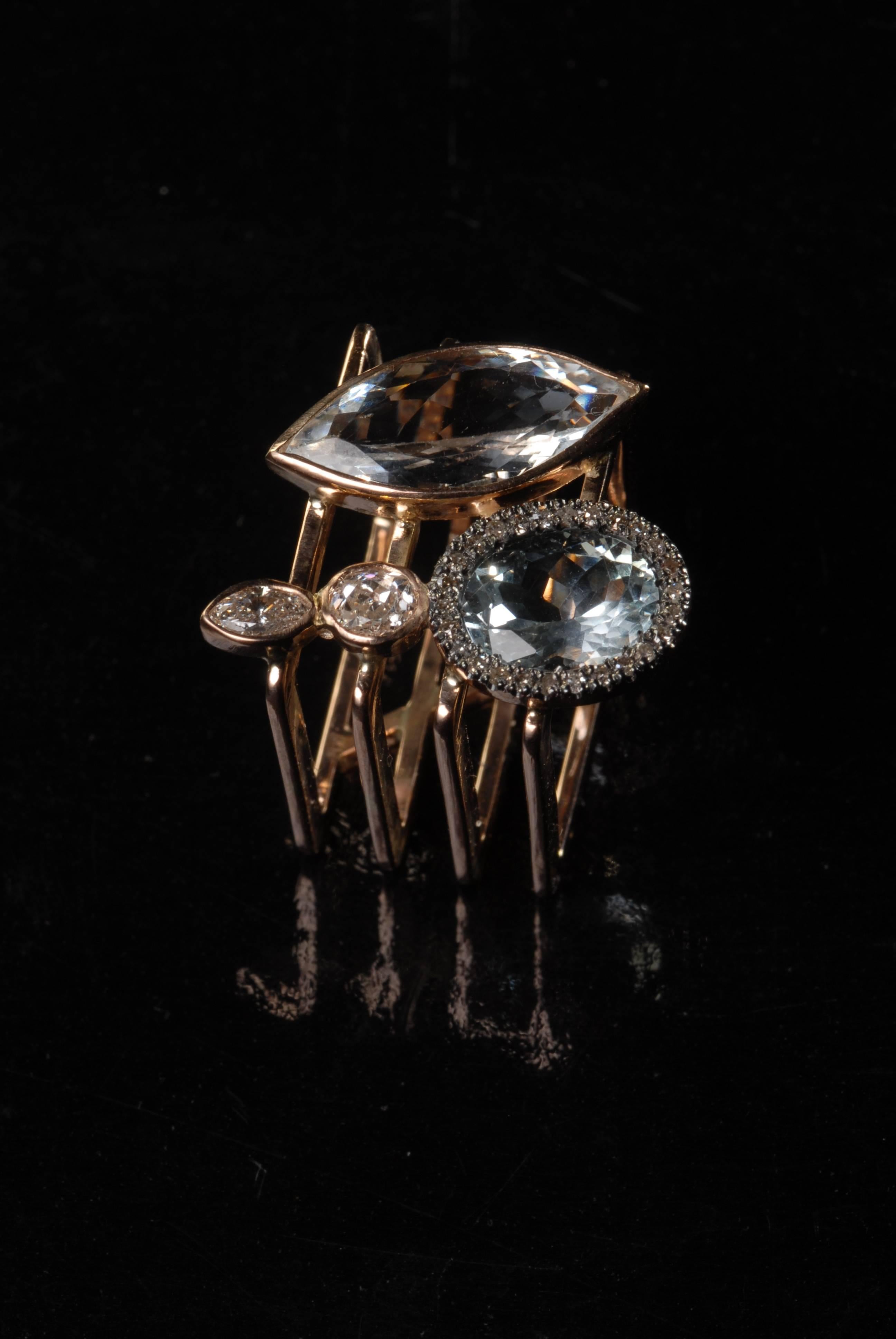 Contemporary Ia Jewels 14 Carat Rose Gold Rectangular Aquamarine Diamond Cocktail Ring For Sale