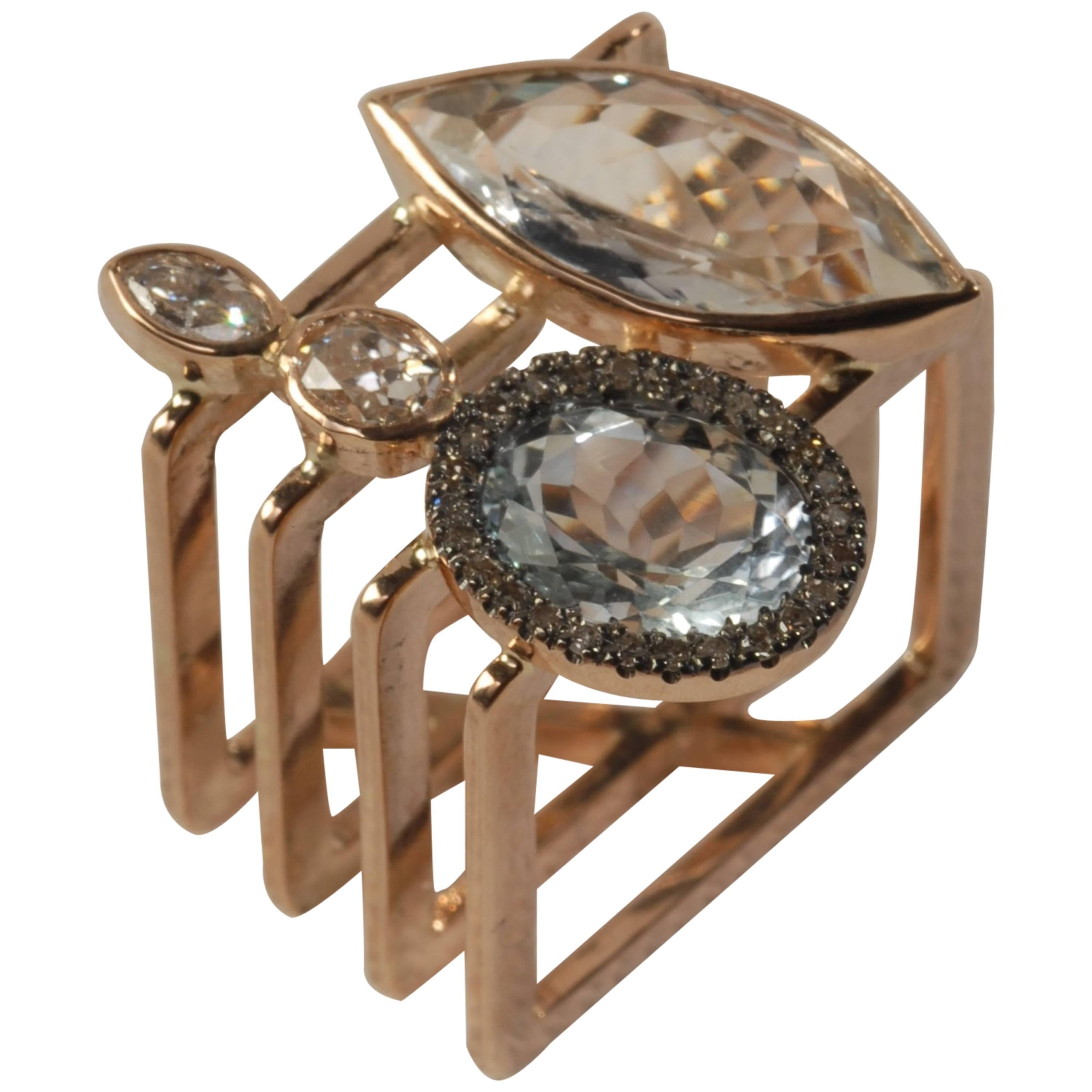Ia Jewels 14 Carat Rose Gold Rectangular Aquamarine Diamond Cocktail Ring For Sale