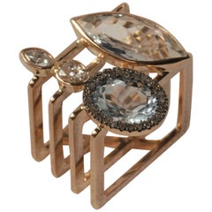 Ia Jewels 14 Carat Rose Gold Rectangular Aquamarine Diamond Cocktail Ring