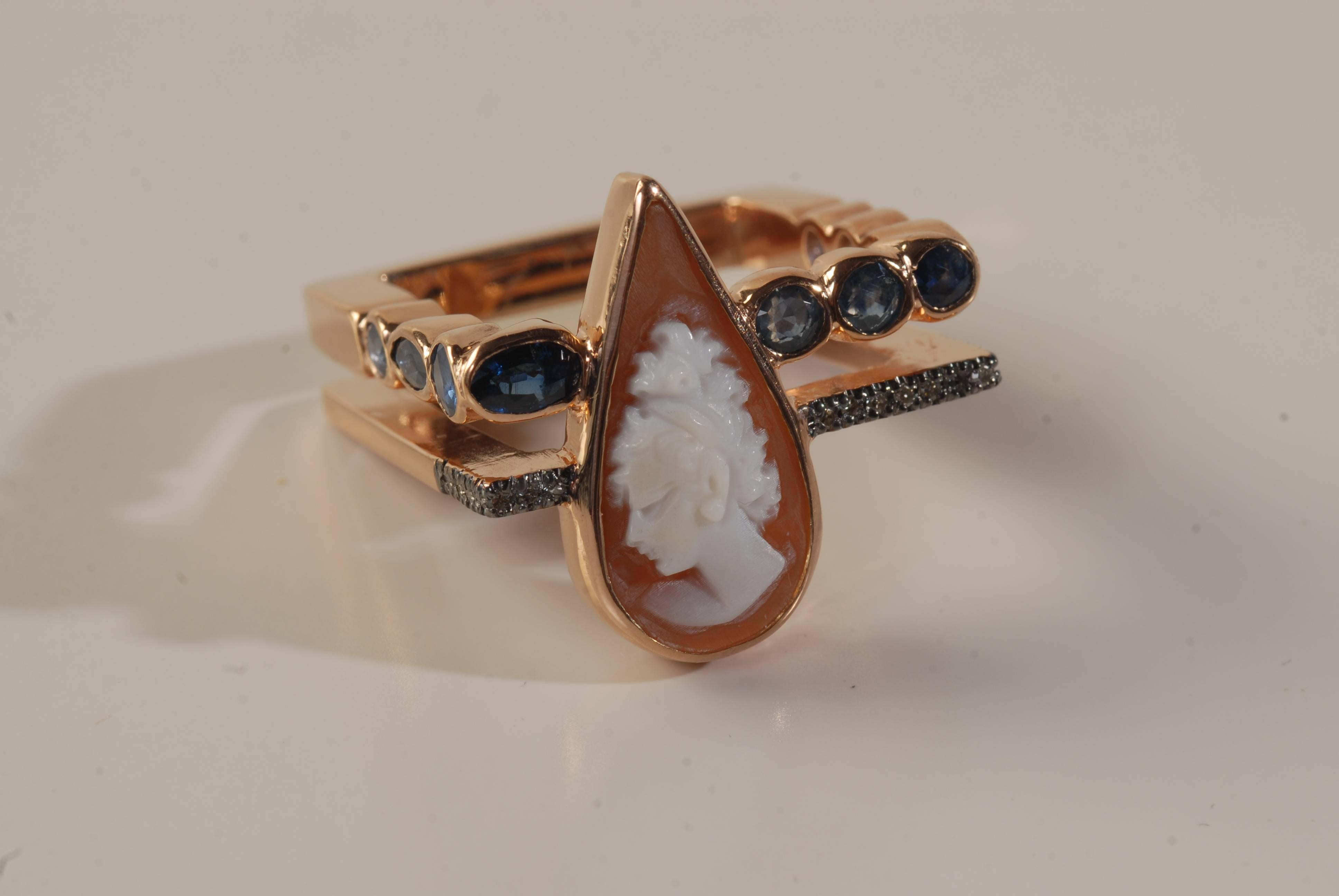 Contemporary Ia Jewels Gold-Plated Silver Cameo Blue Sapphire Diamond Ring For Sale