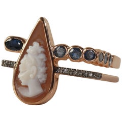 Ia Jewels Gold-Plated Silver Cameo Blue Sapphire Diamond Ring