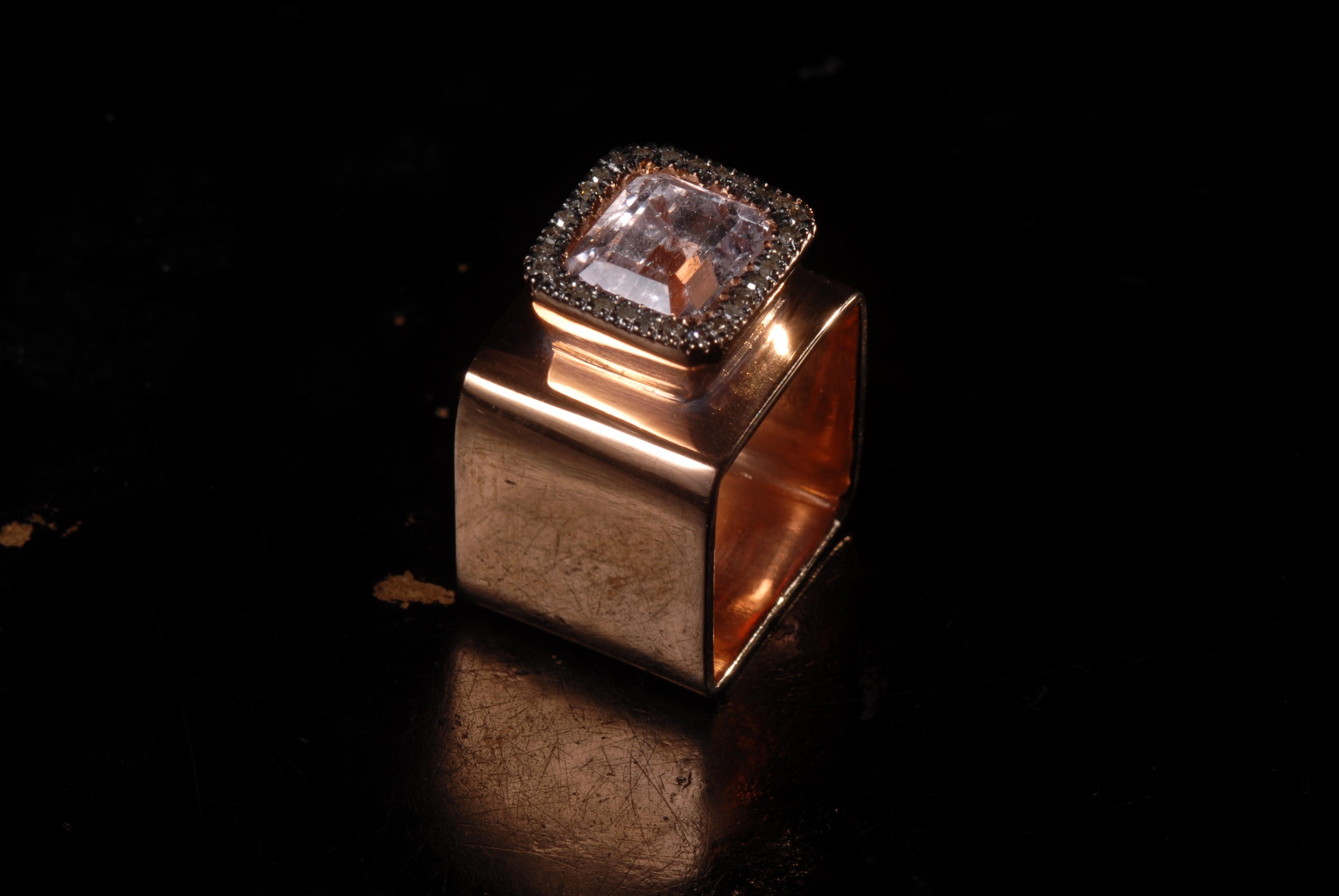 Gold plated silver contemporary Ring with light rose kunzite and diamonds