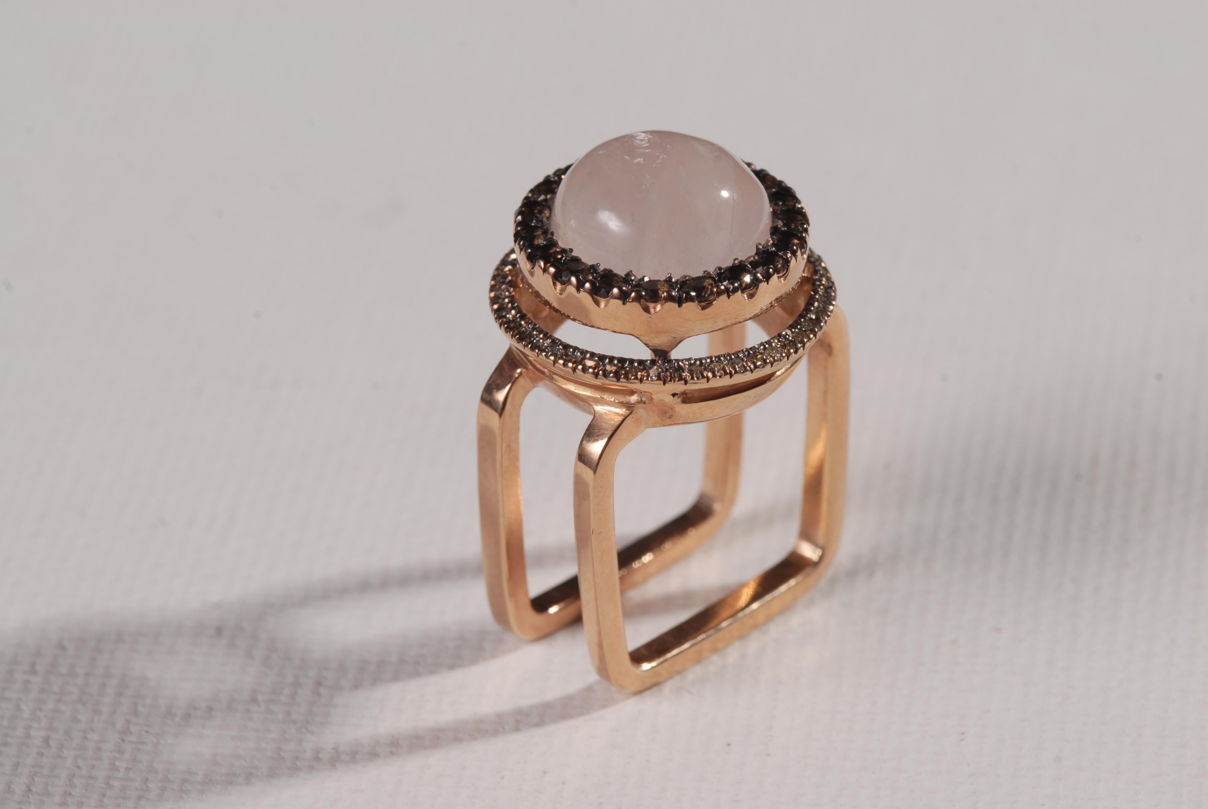 Gold Plated silver contemporary cocktail ring with rose quartz, smoky topazes and diamonds. 