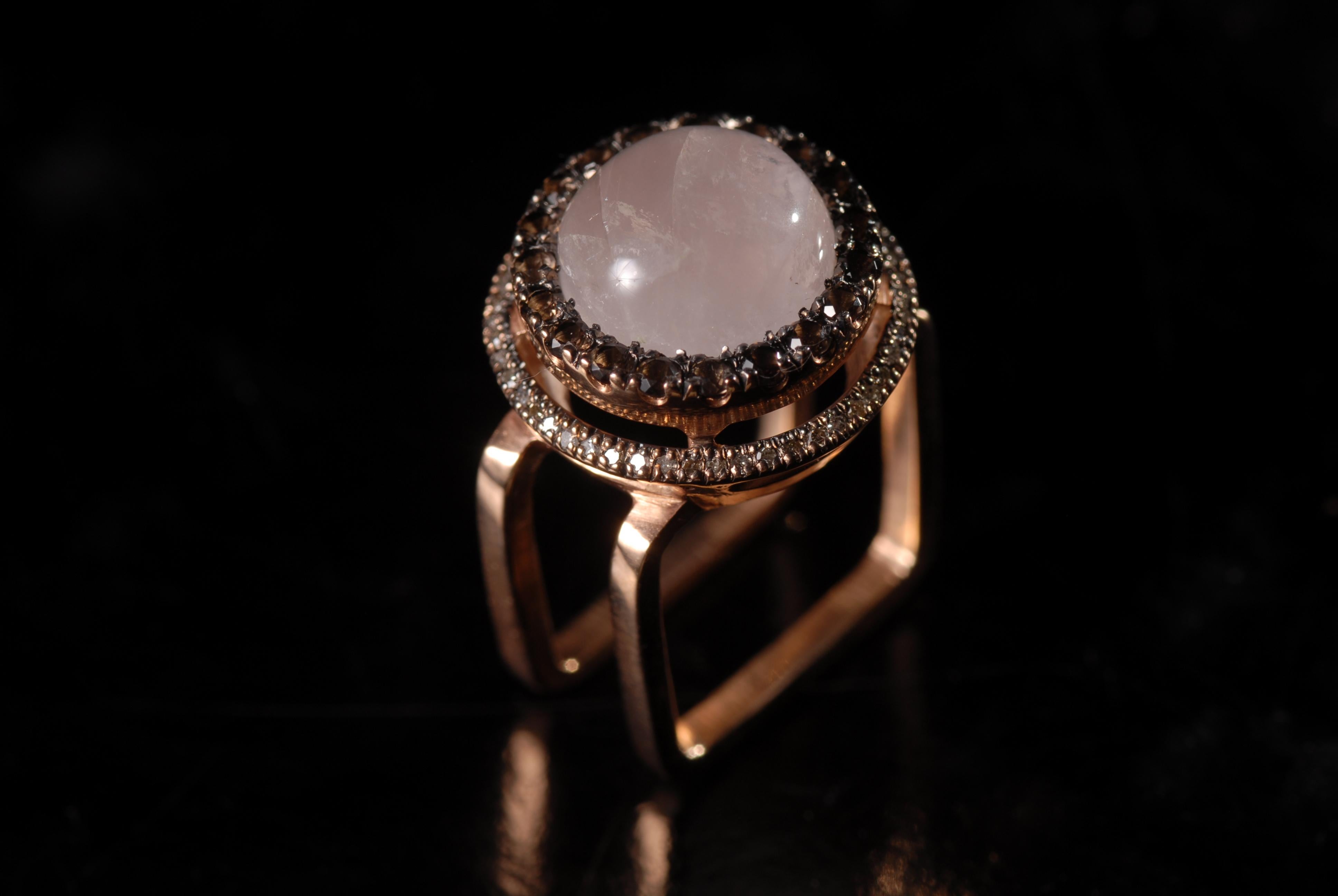 Ia Jewels Gold-Plated Silver Rose Quartz Smoky Topaz Diamond Cocktail Ring In New Condition In Tbilisi, GE