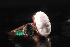 Ia Jewels Gold-Plated Silver White Cameo Emerald Diamond Cocktail Ring