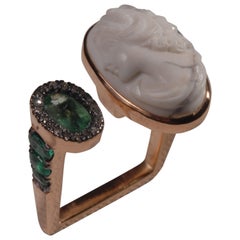 Ia Jewels Gold-Plated Silver White Cameo Emerald Diamond Cocktail Ring