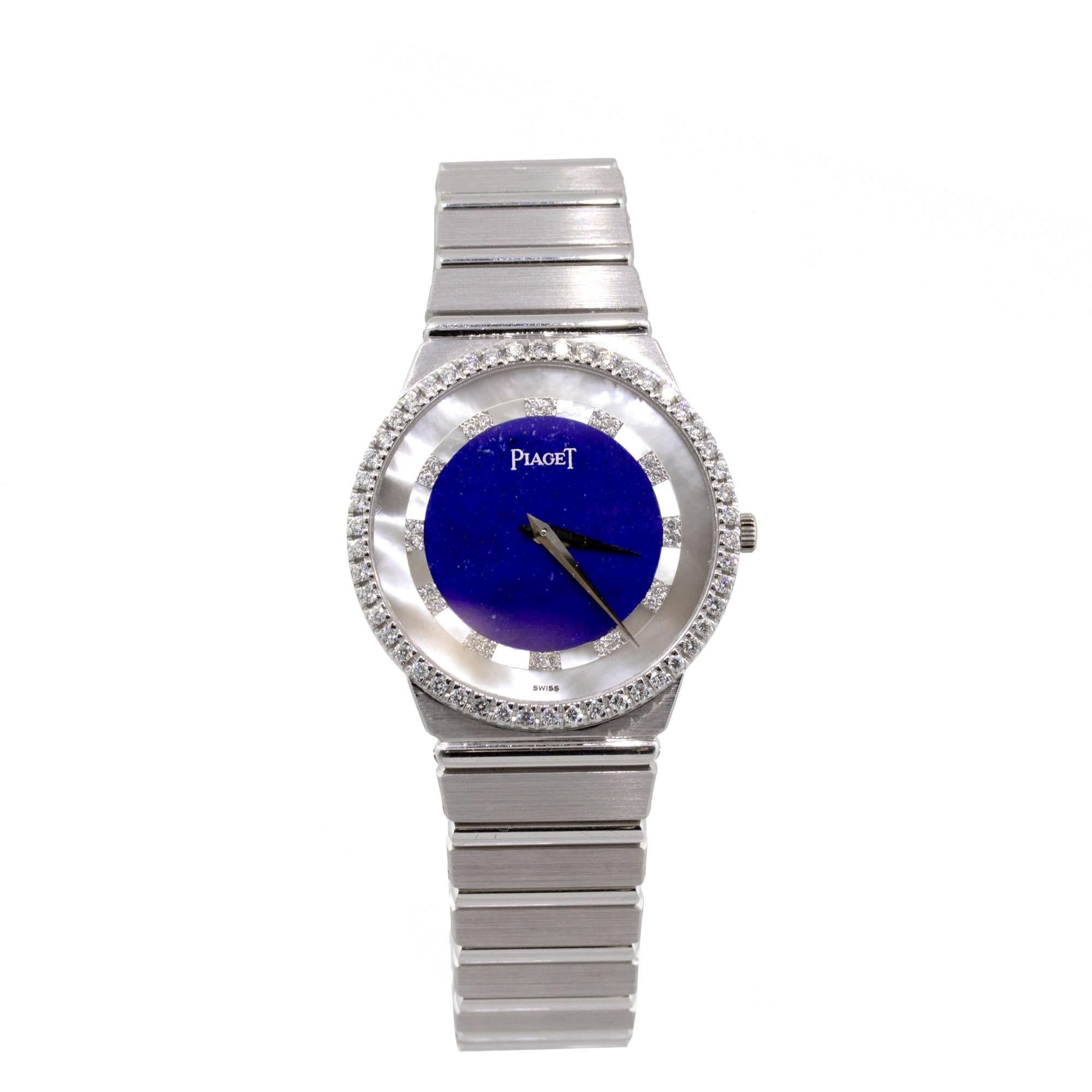 Brand: Piaget
Case Material: 18k white gold
Case Diameter: 36mm
Crystal: Plastic
Bezel: Factory 18k White Gold with Diamonds
Dial: Factory Lapis Lazuli and Mother of Pearl
Bracelet: 18k White Gold Bracelet
Size: Will fit a 6″ wrist
Clasp: 18k White