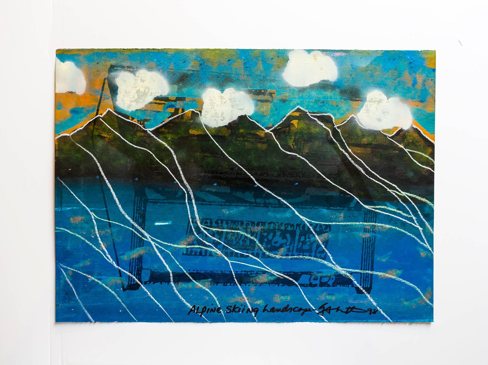 Peinture conceptuelle à monogravure « Paysage de ski alpin » d'Ivan Baxter