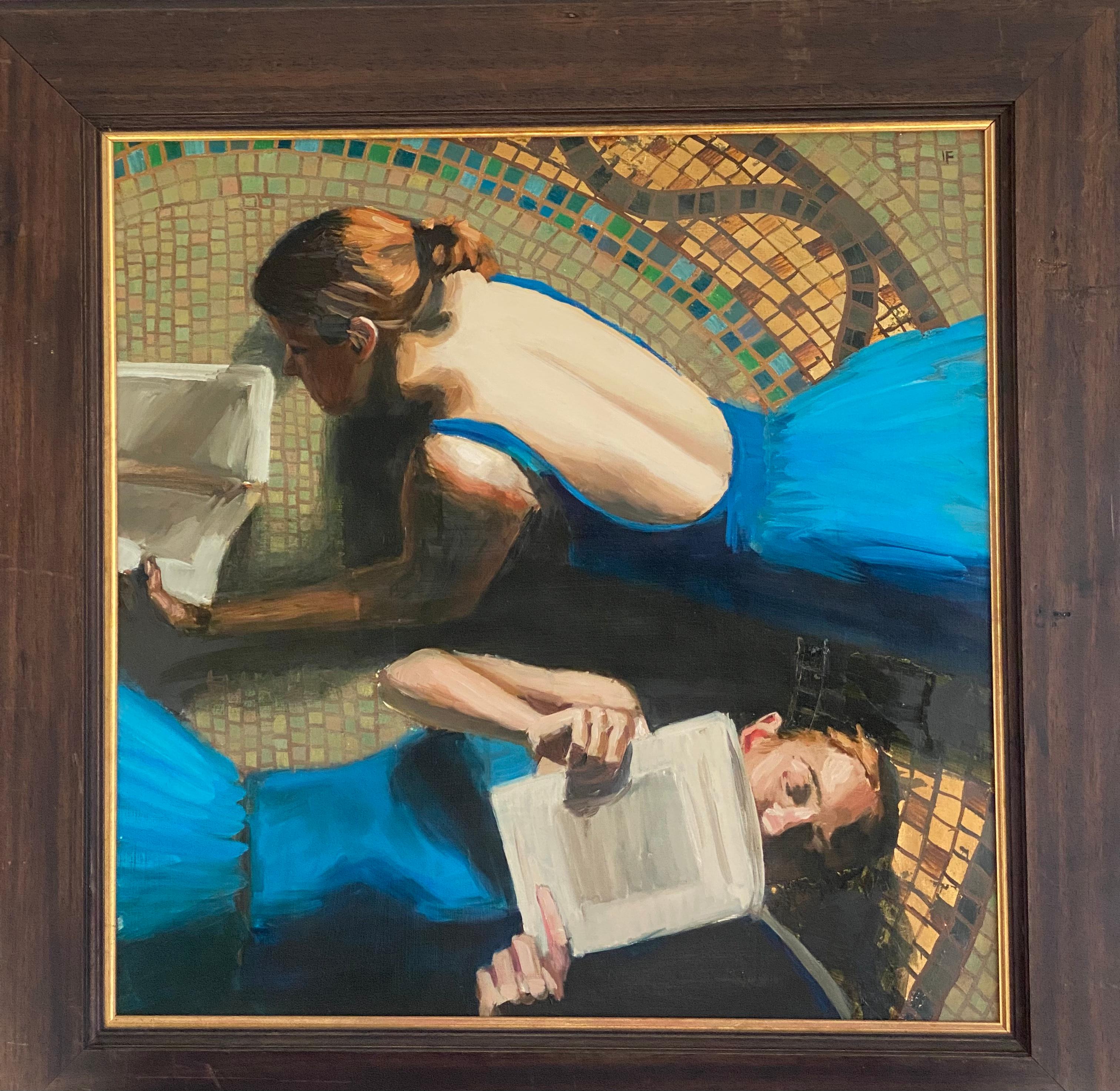 « Danseurs lisant III », scène d'intérieur impressionniste avec jeunes filles à la barbe. Huile sur panneau. - Painting de Iain FAULKNER