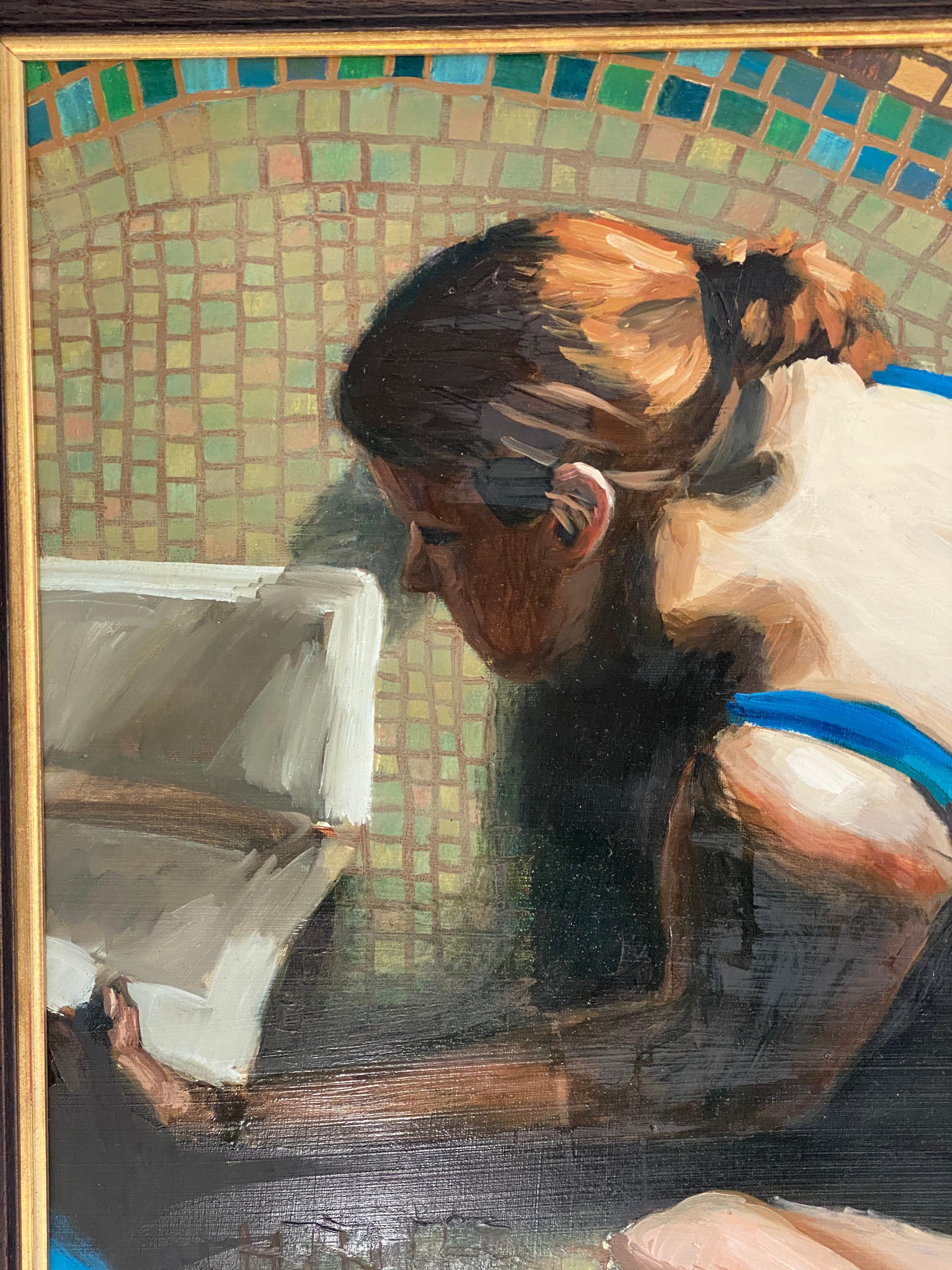 « Danseurs lisant III », scène d'intérieur impressionniste avec jeunes filles à la barbe. Huile sur panneau. - Impressionnisme Painting par Iain FAULKNER
