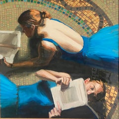 "Dancers reading III", Impressionist Indoor scene with tow girls. Oil on panel .