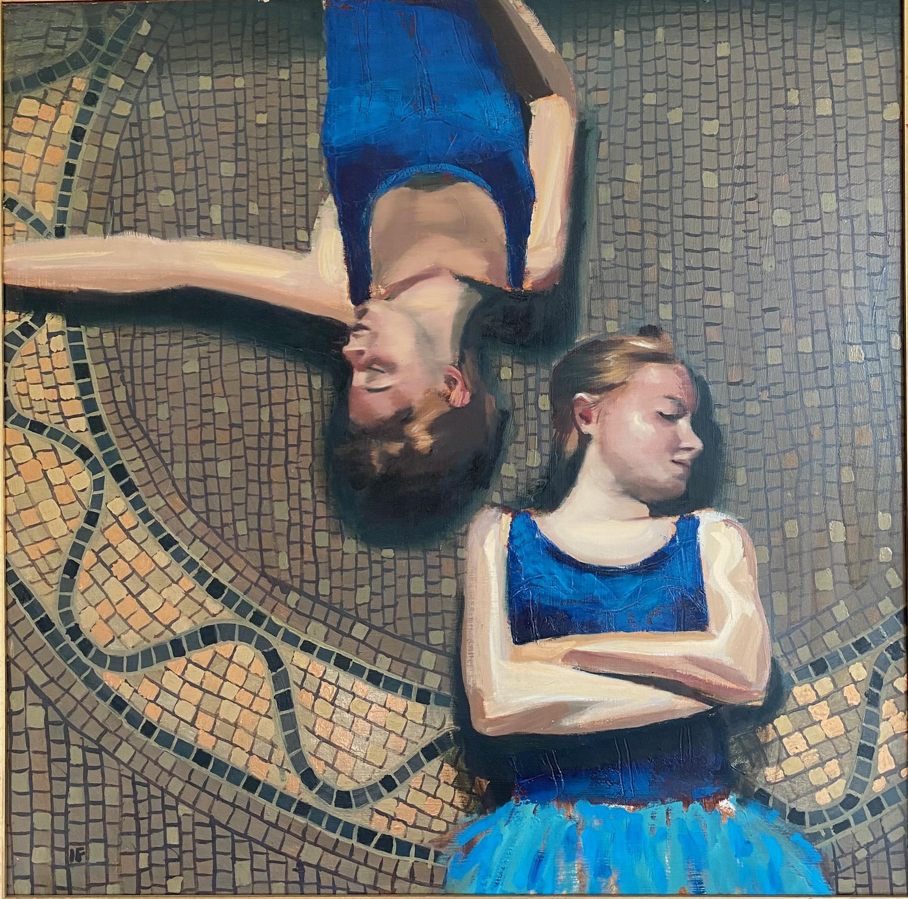 "Dancers resting VII". Impressionist interior scene with two girls. Oil on panel