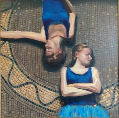 "Dancers resting VII". Impressionist interior scene with two girls. Oil on panel