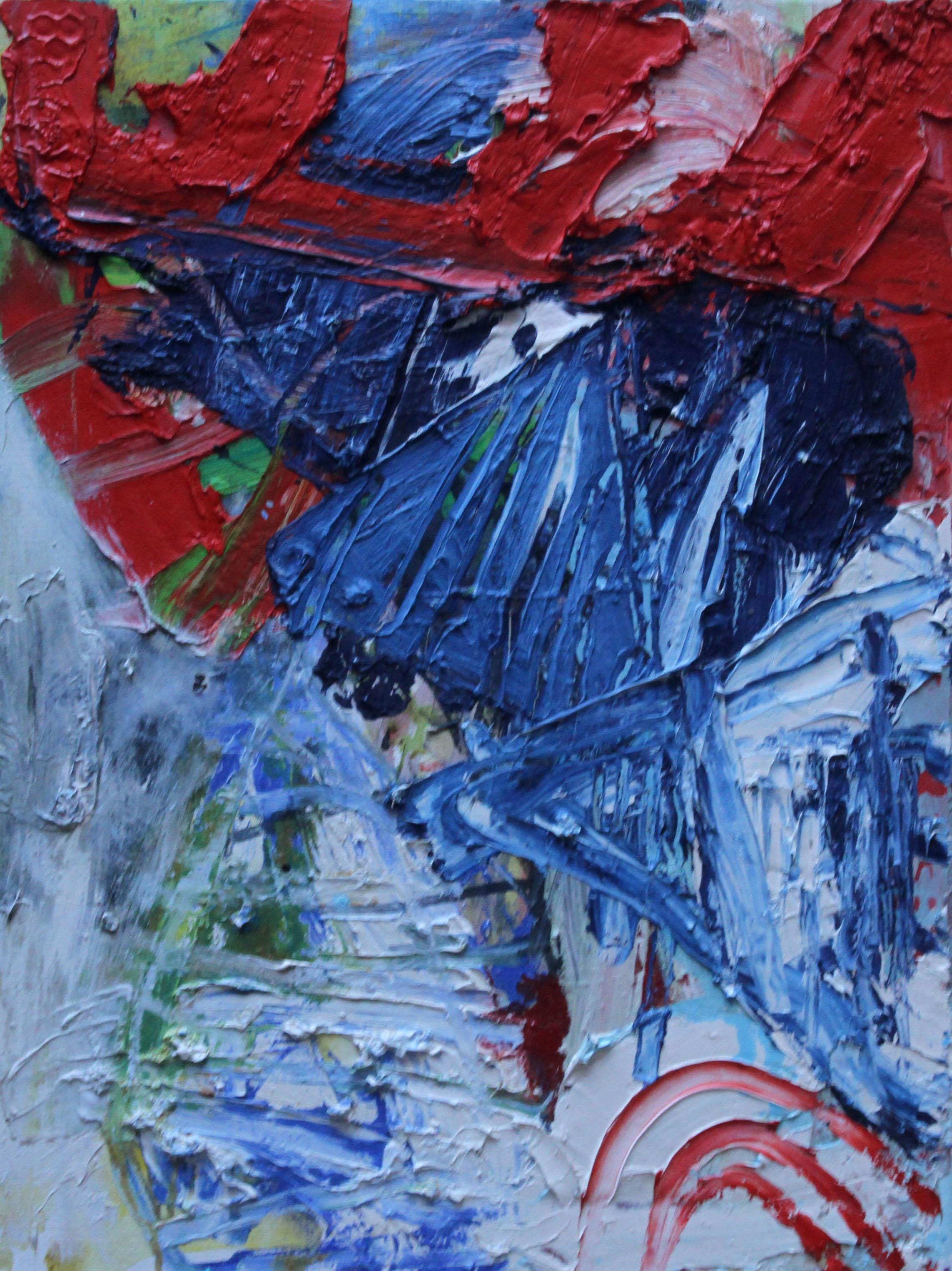 Forme d'autunno - pittura ad olio del XX secolo, arte astratta scozzese, rosso bianco blu - Painting di Iain Robertson