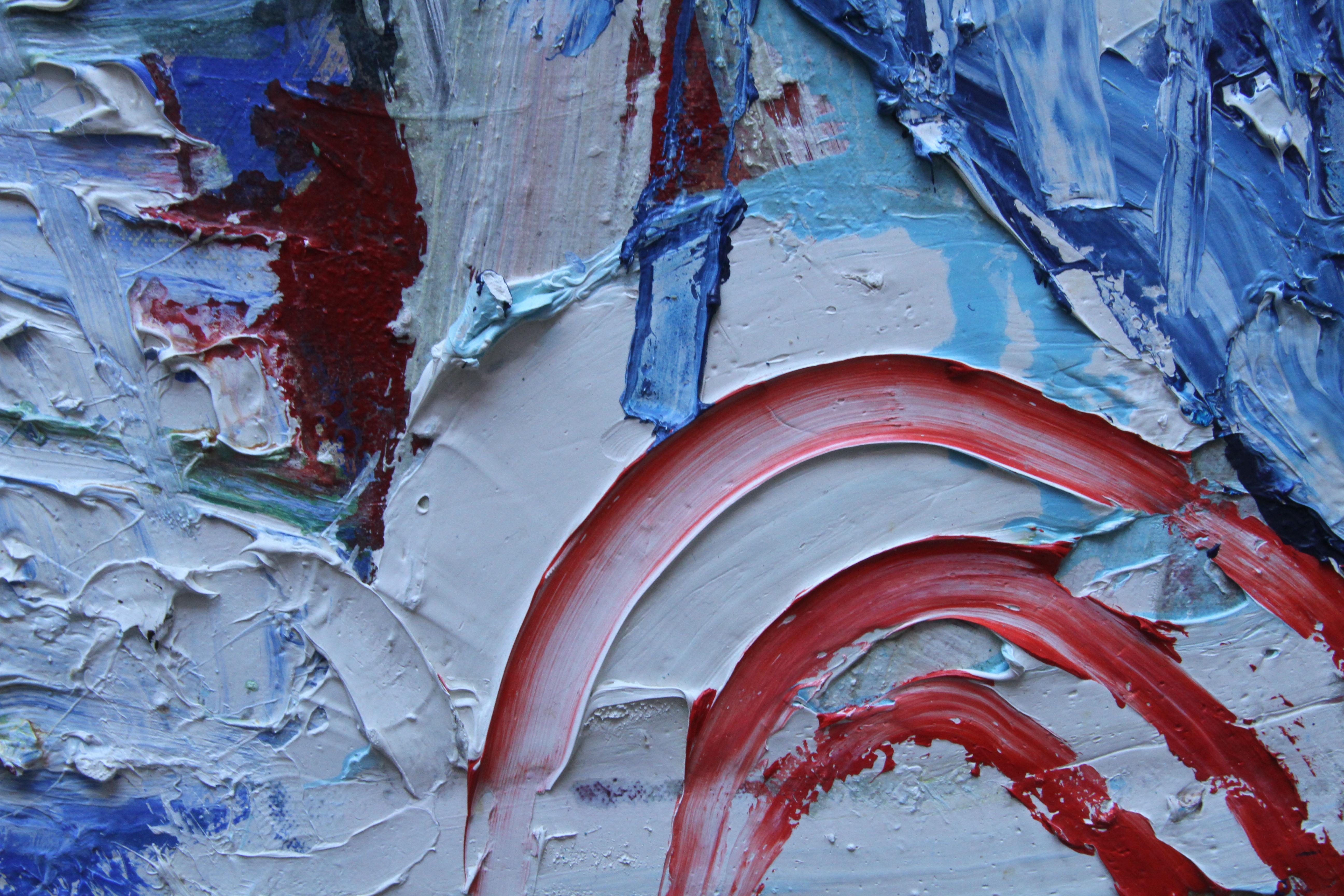 Questo sorprendente dipinto ad olio astratto è opera dell'artista scozzese Iain Robertson. È stata dipinta nel 1997, poco prima di trasferirsi in Cornovaglia. Il dipinto è un tripudio di rosso, bianco e blu con un impasto pesante che funziona a
