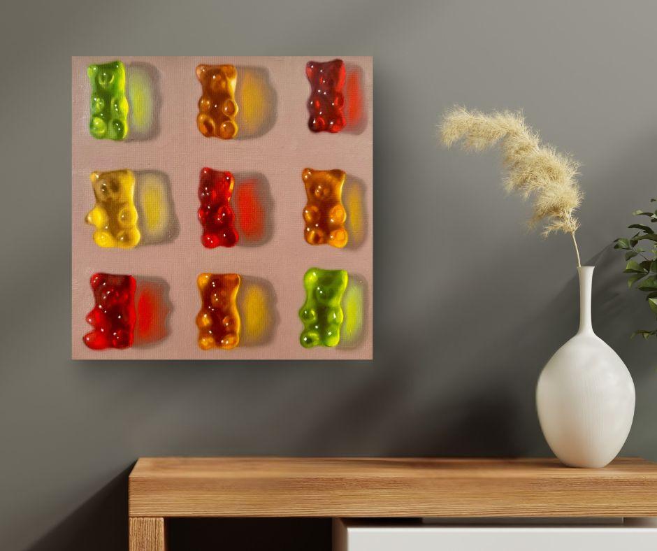 This striking work by Ian Bertolucci is currently on view at Signet Contemporary Art Gallery and online. In Bears + Bears II, the artist continues his whimsical exploration of childhood confections, transforming a simple grid of gummy bears into a