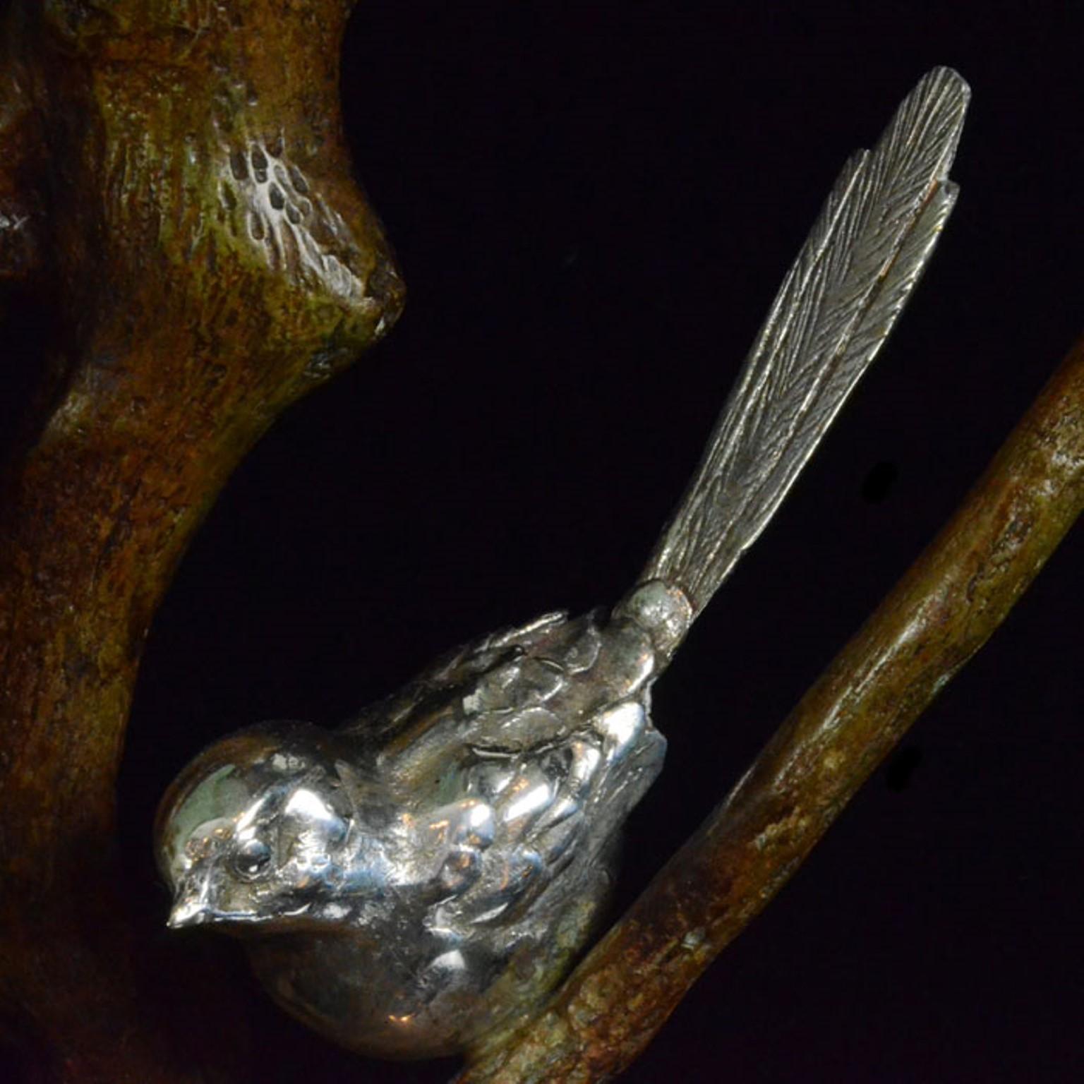 A pair of silver long-tailed tits on a bronze branch  - Black Figurative Sculpture by Ian Bowles