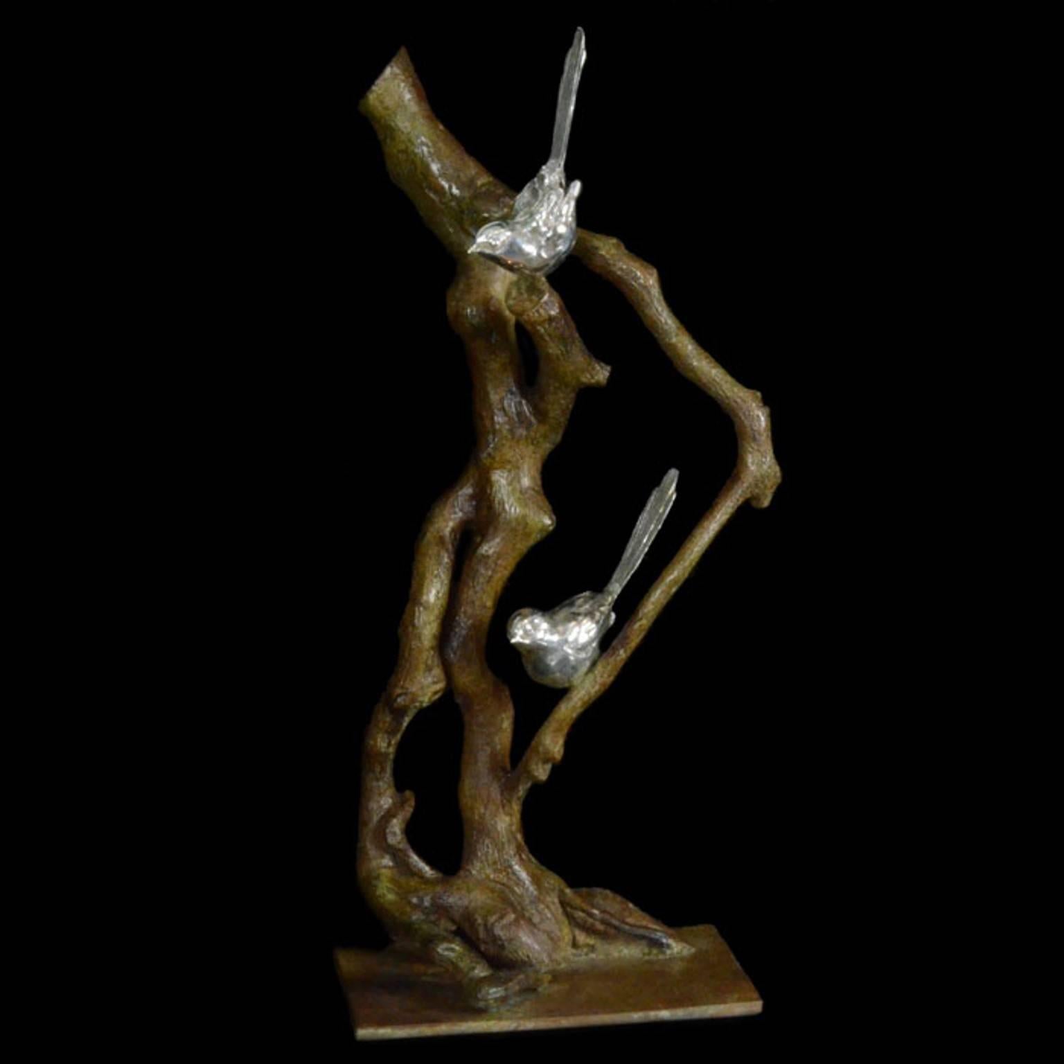 Ian Bowles Figurative Sculpture - A pair of silver long-tailed tits on a bronze branch 