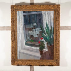 Glasgow Tenement Window - 20th C. Scottish Cityscape Oil Painting with Flowers