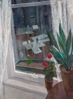 Glasgow Tenement Window - 20th C. Scottish Cityscape Oil Painting with Flowers
