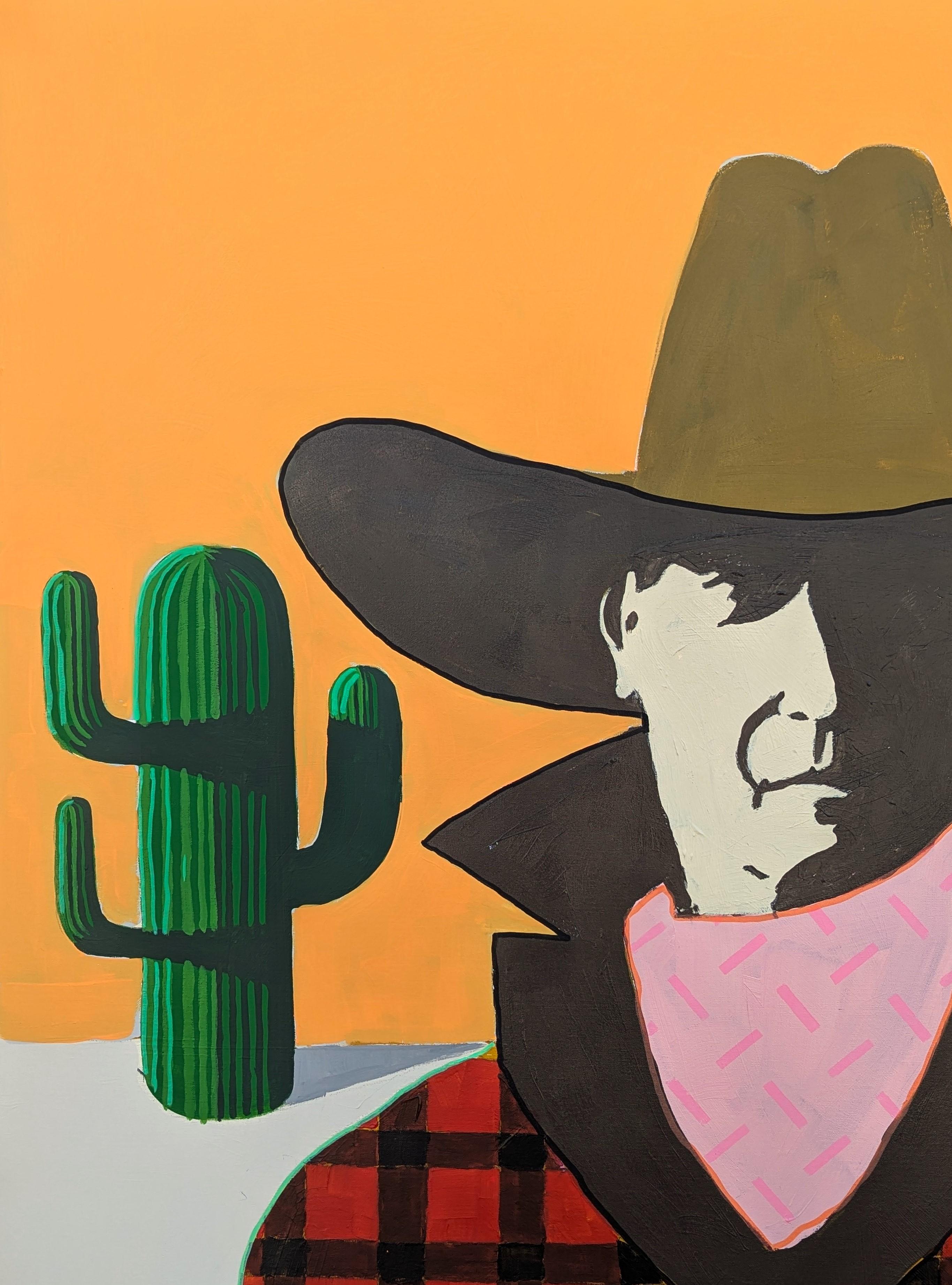 Colorful abstract cowboy portrait painting by contemporary artist Ian Francis. The work features a western inspired figure with a shadowed face dressed in a red and black stripe patterned shirt set against a desert landscape background with cacti.